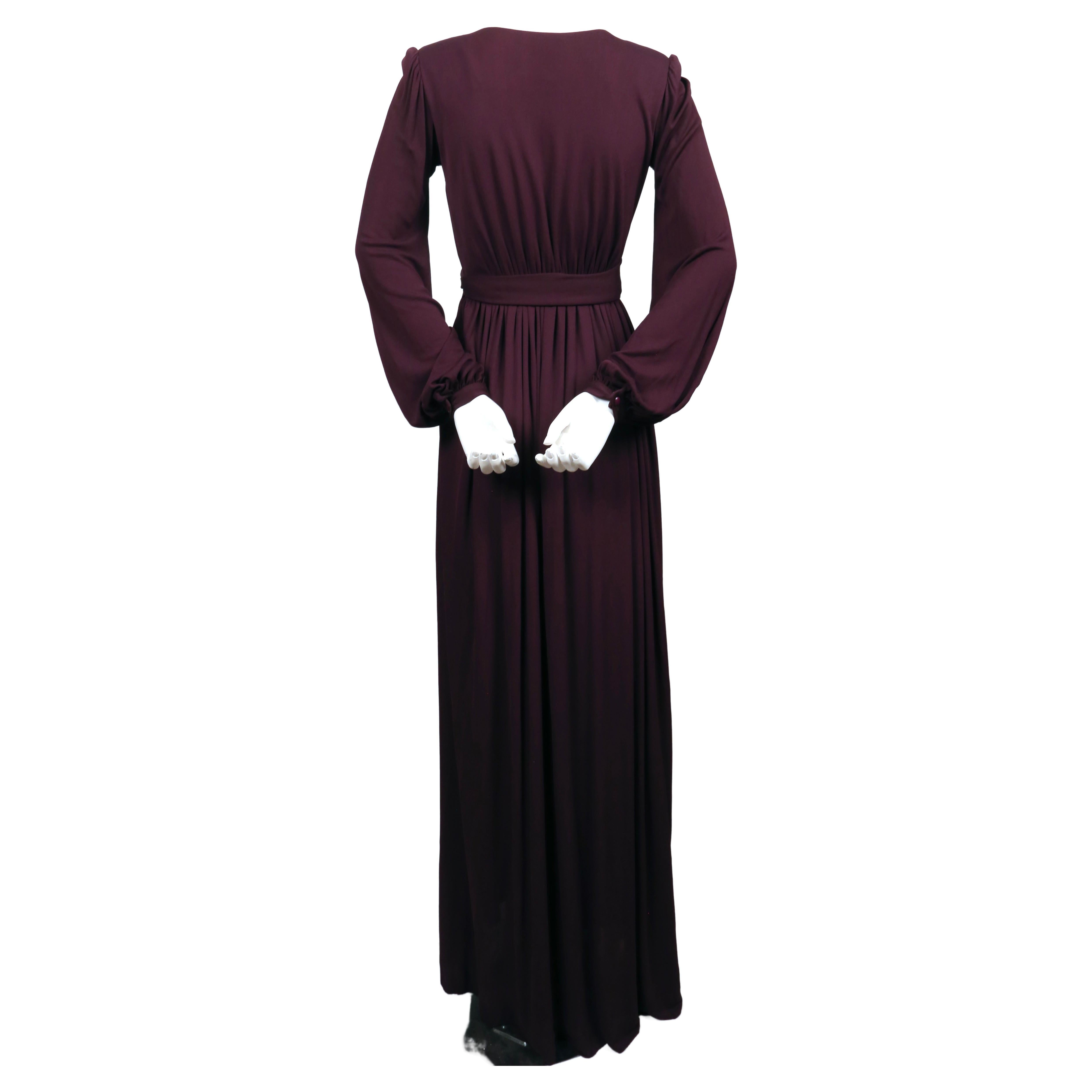 1970's YVES SAINT LAURENT long plum jersey gown with matching sash For Sale 3