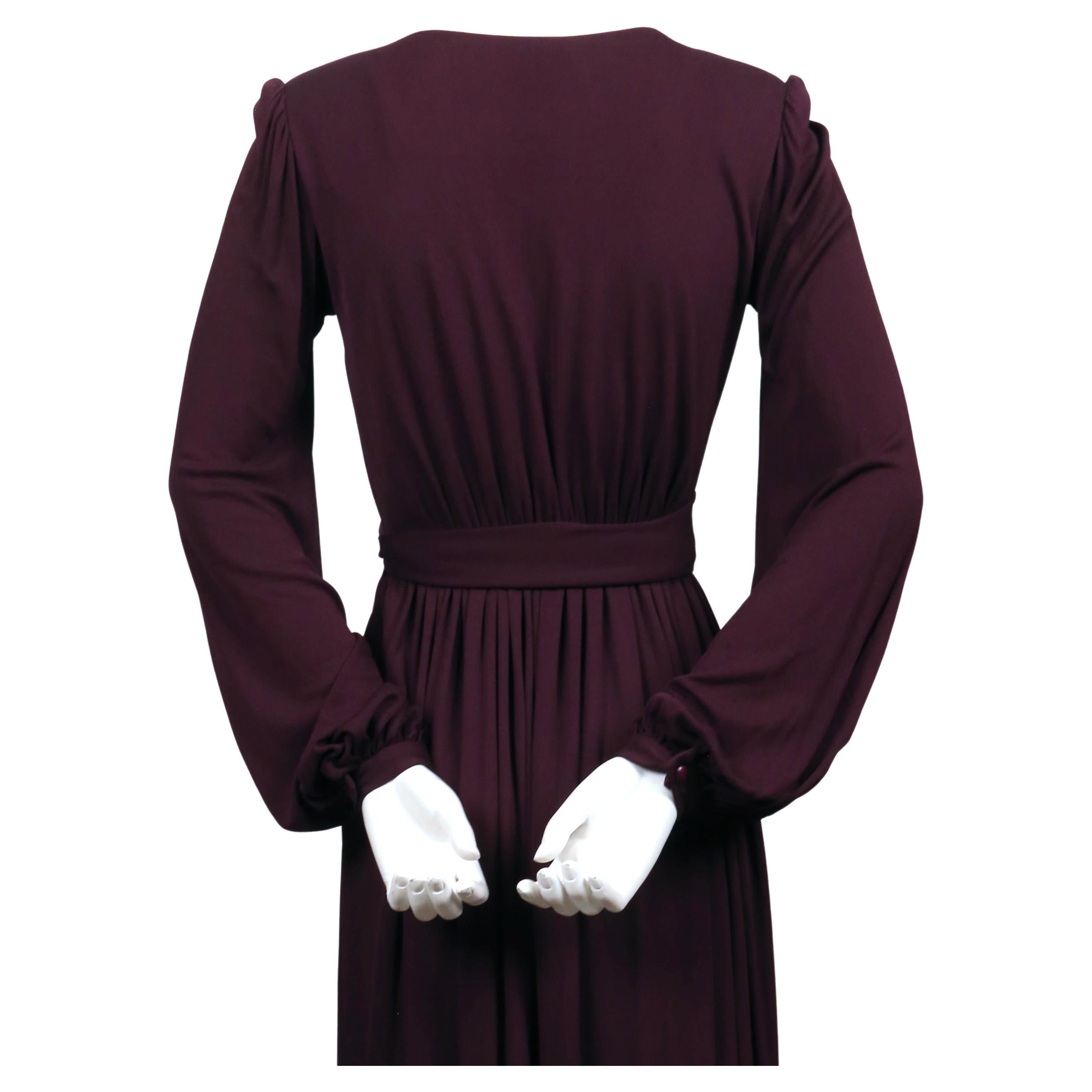 1970's YVES SAINT LAURENT long plum jersey gown with matching sash For Sale 4