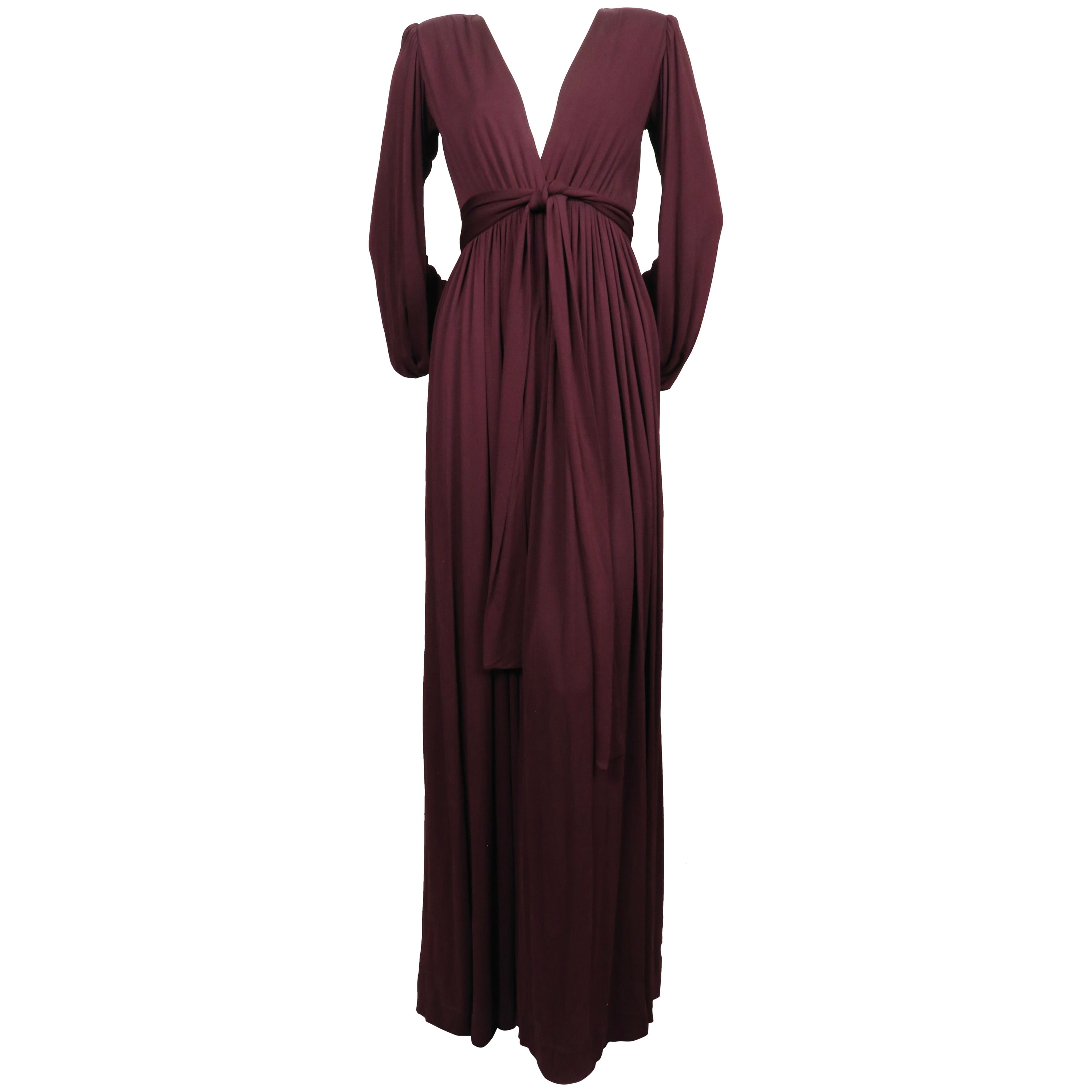 1970's YVES SAINT LAURENT long plum jersey gown with matching sash For Sale