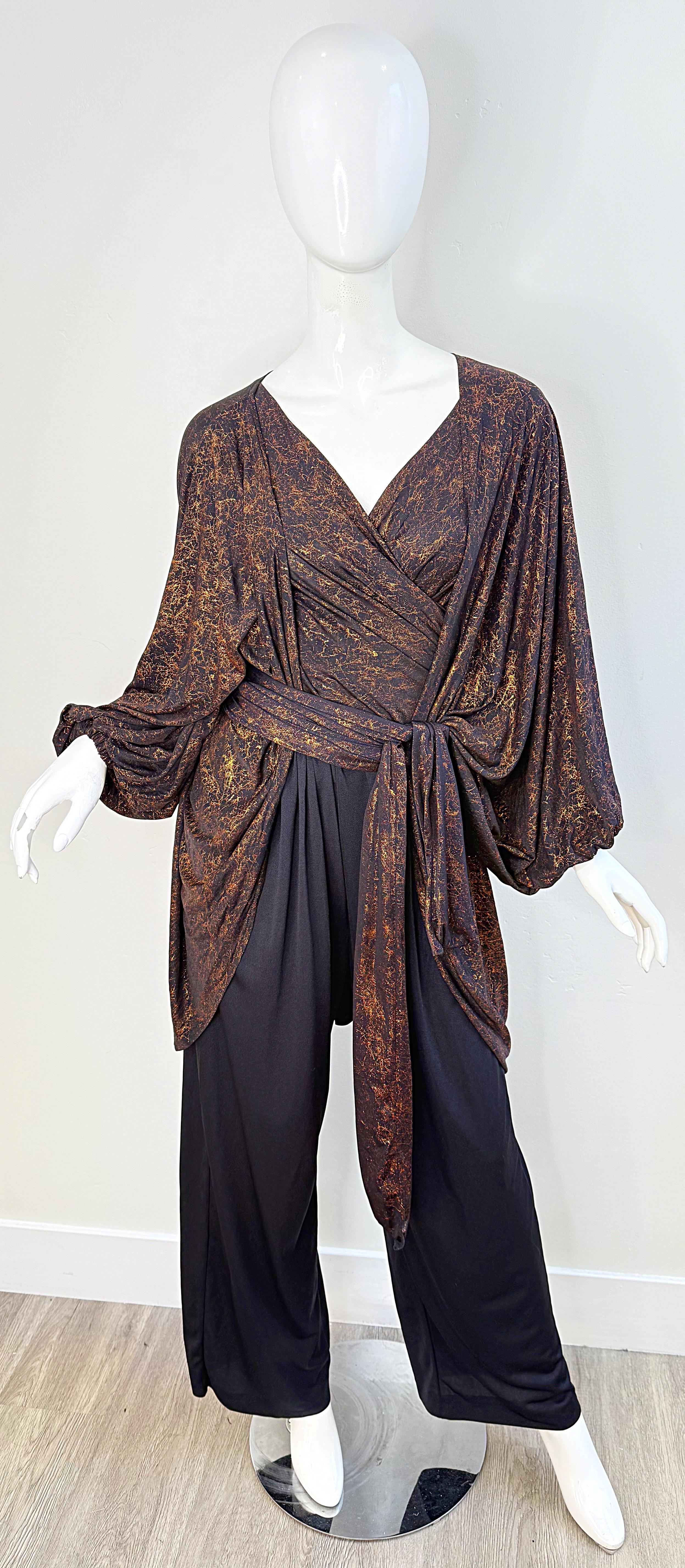 1970s Yves Saint Laurent Metallic Vintage 70s Bronze Black Jumpsuit + Jacket YSL 7