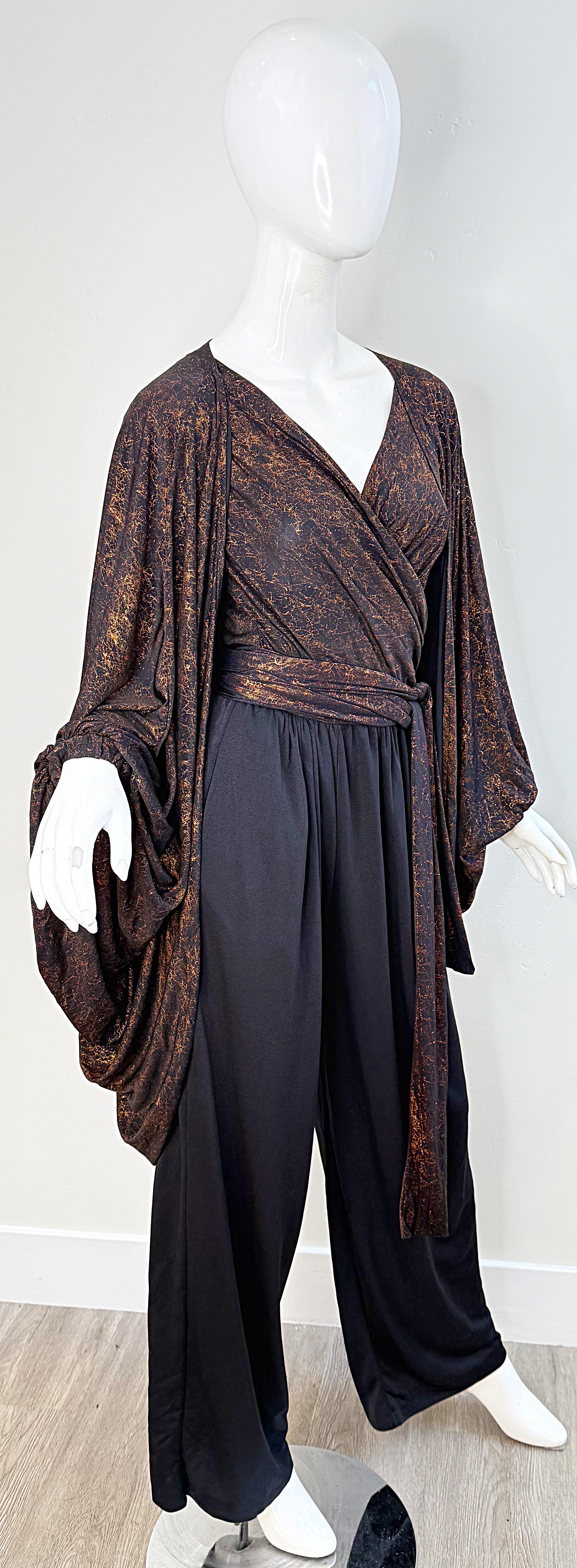 1970s Yves Saint Laurent Metallic Vintage 70s Bronze Black Jumpsuit + Jacket YSL 10