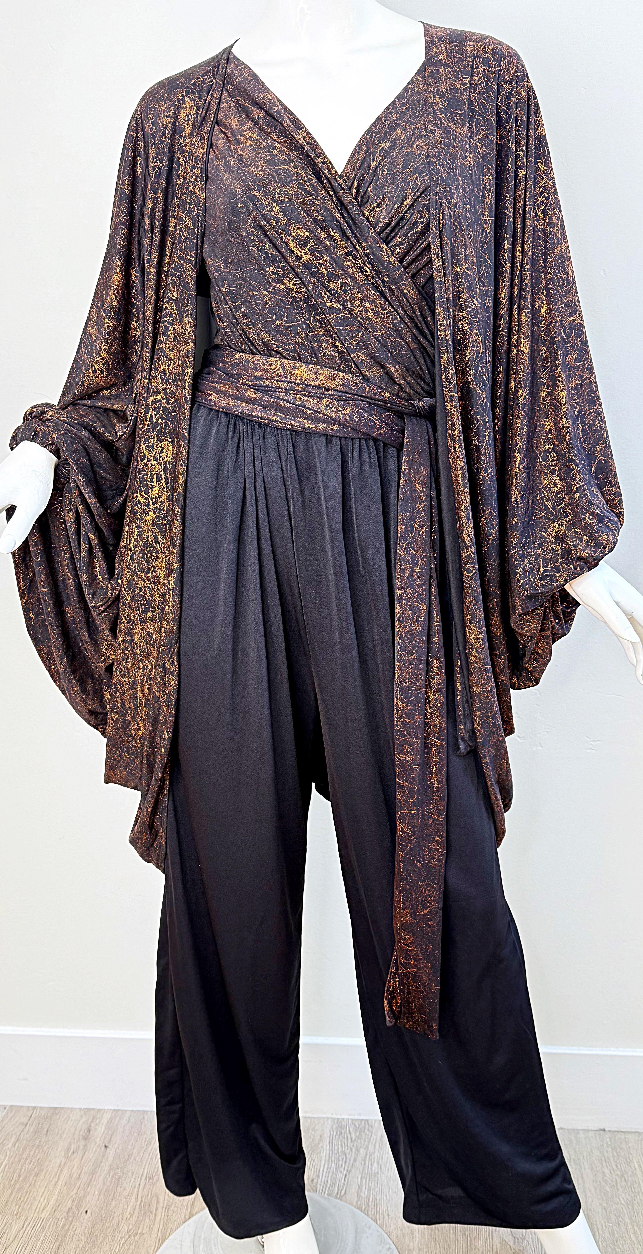 1970s Yves Saint Laurent Metallic Vintage 70s Bronze Black Jumpsuit + Jacket YSL 12