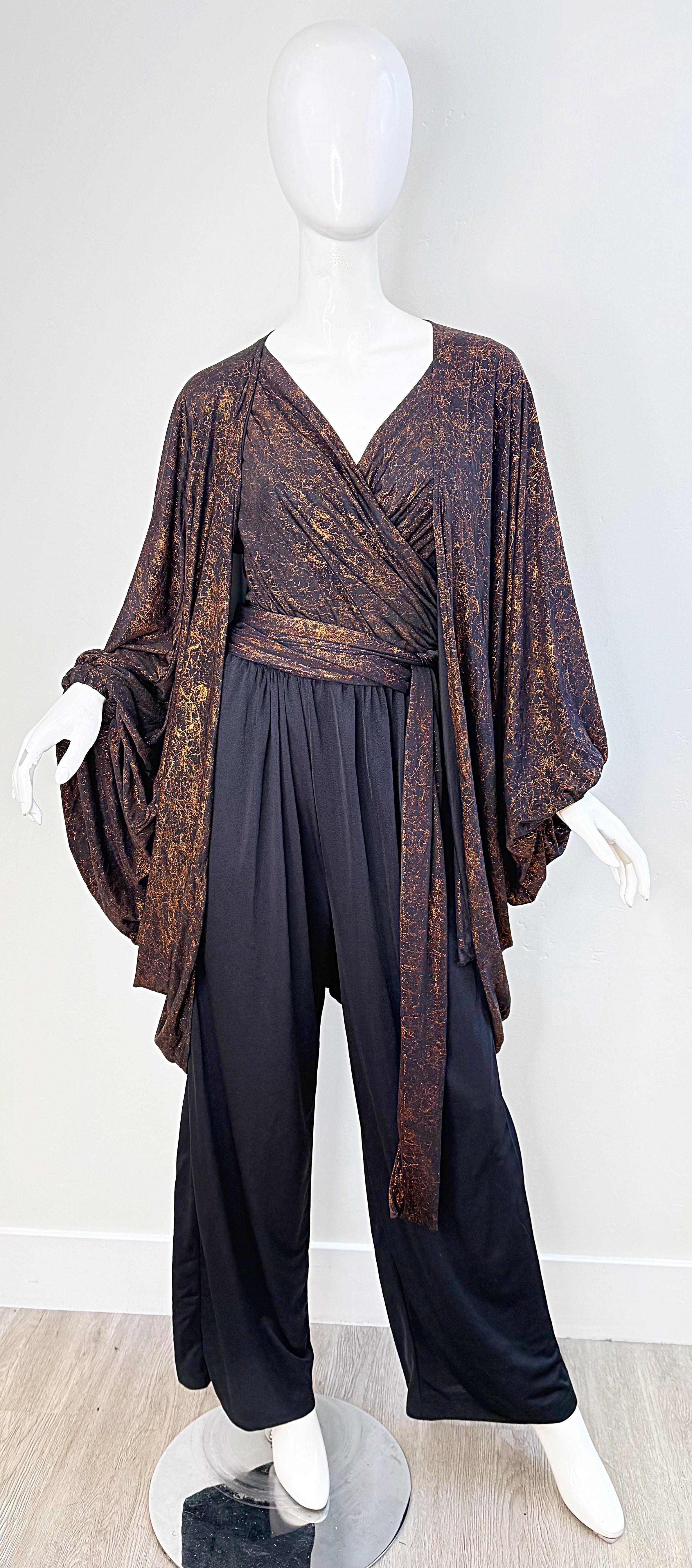1970s Yves Saint Laurent Metallic Vintage 70s Bronze Black Jumpsuit + Jacket YSL 15