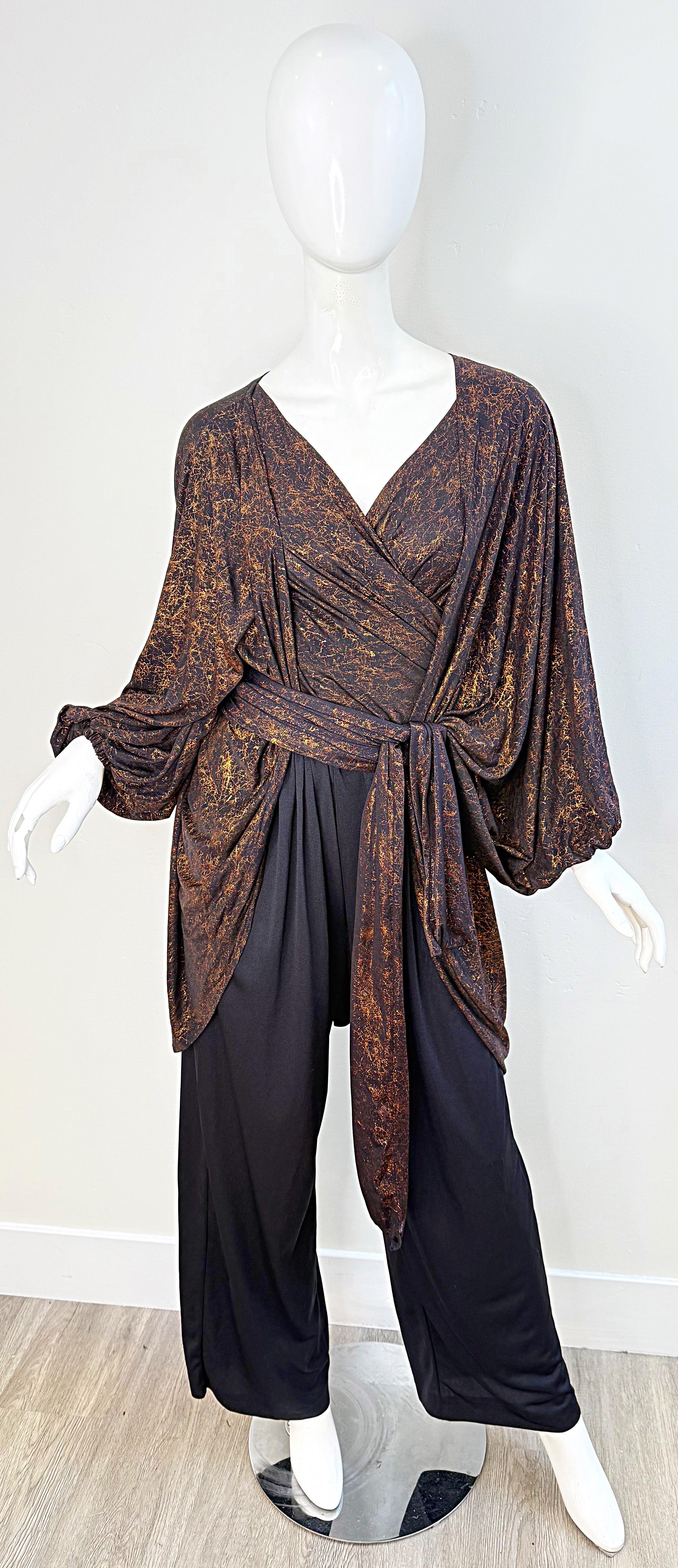 1970s Yves Saint Laurent Metallic Vintage 70s Bronze Black Jumpsuit + Jacket YSL In Excellent Condition In San Diego, CA