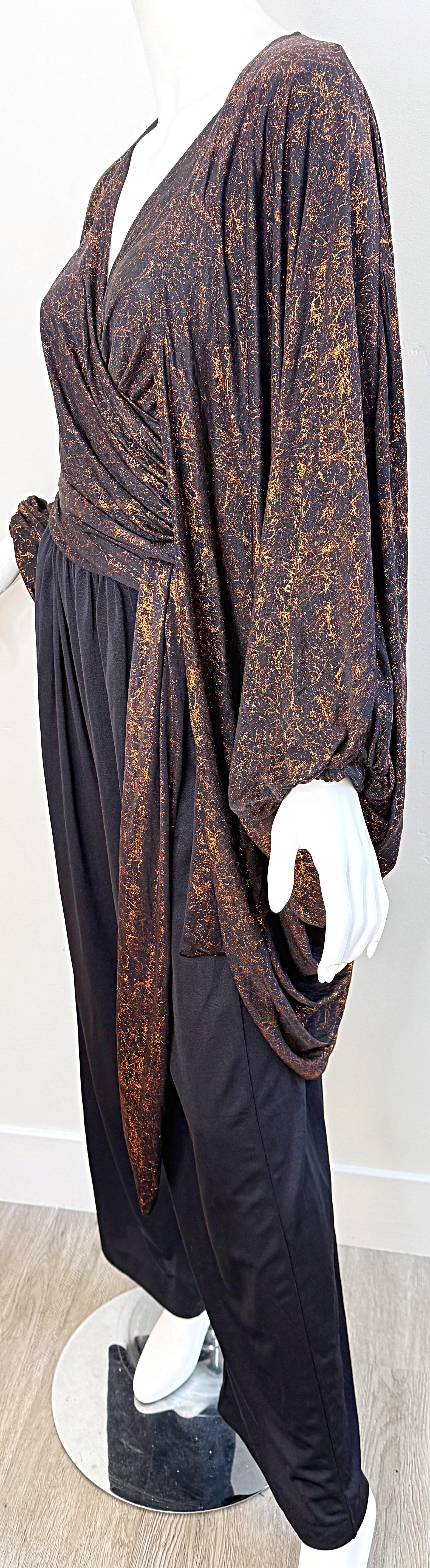Women's 1970s Yves Saint Laurent Metallic Vintage 70s Bronze Black Jumpsuit + Jacket YSL