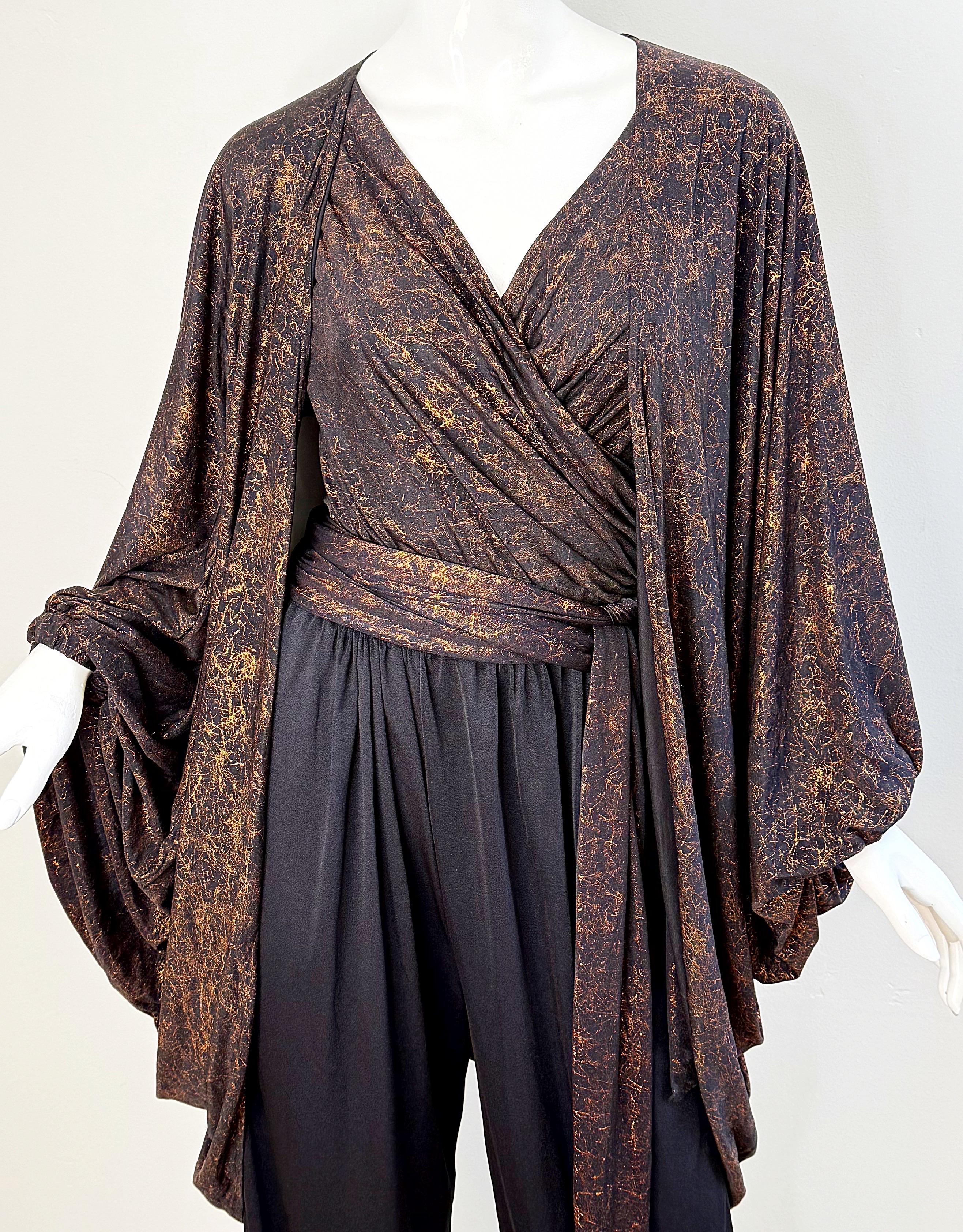 1970s Yves Saint Laurent Metallic Vintage 70s Bronze Black Jumpsuit + Jacket YSL 1