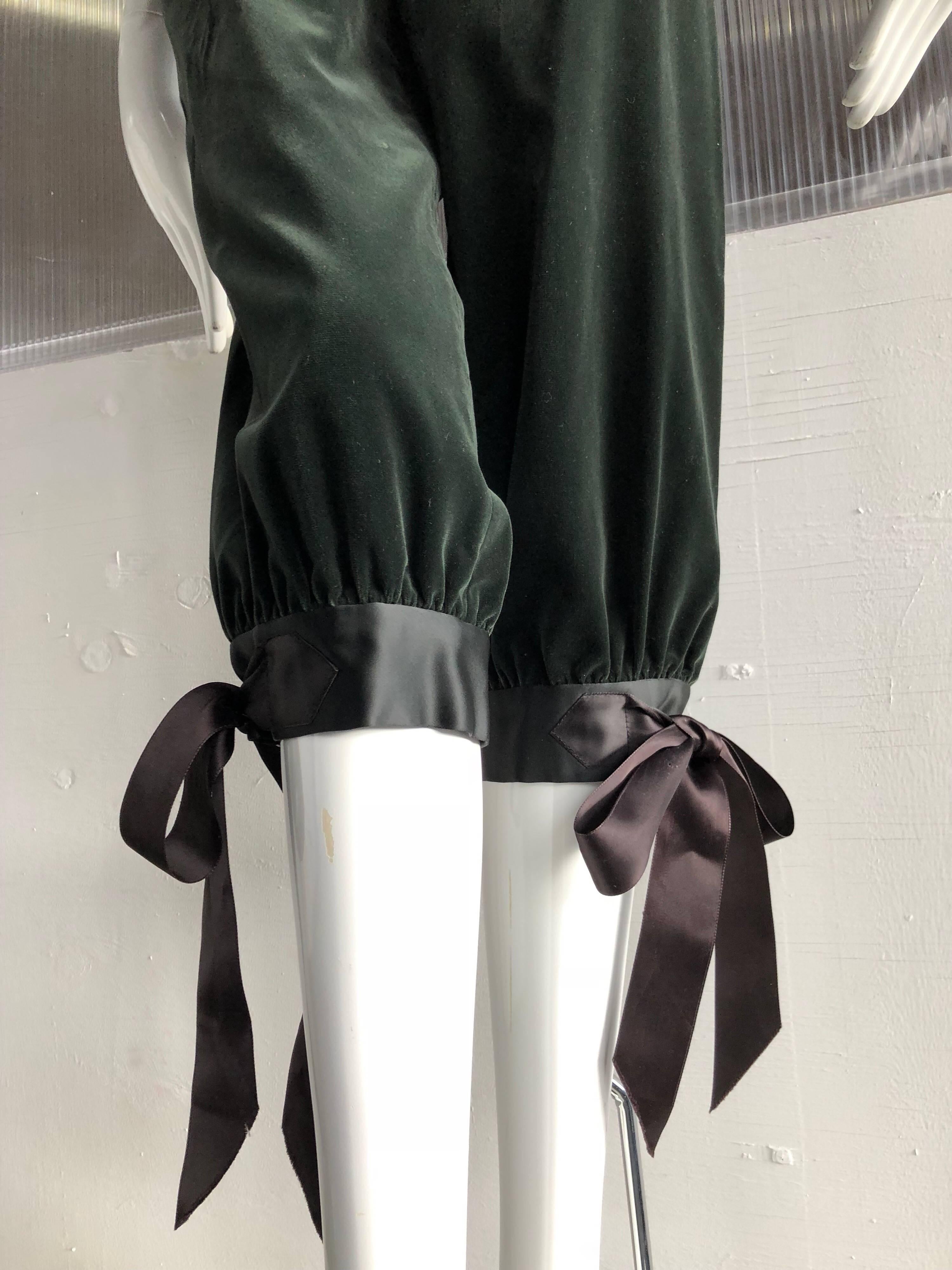 1970s Yves Saint Laurent moss green cotton velvet knickers:  Zip-front with pockets and black satin ties at sides of waist and calf.  Small black buttons at waist and at knees. Size 36.