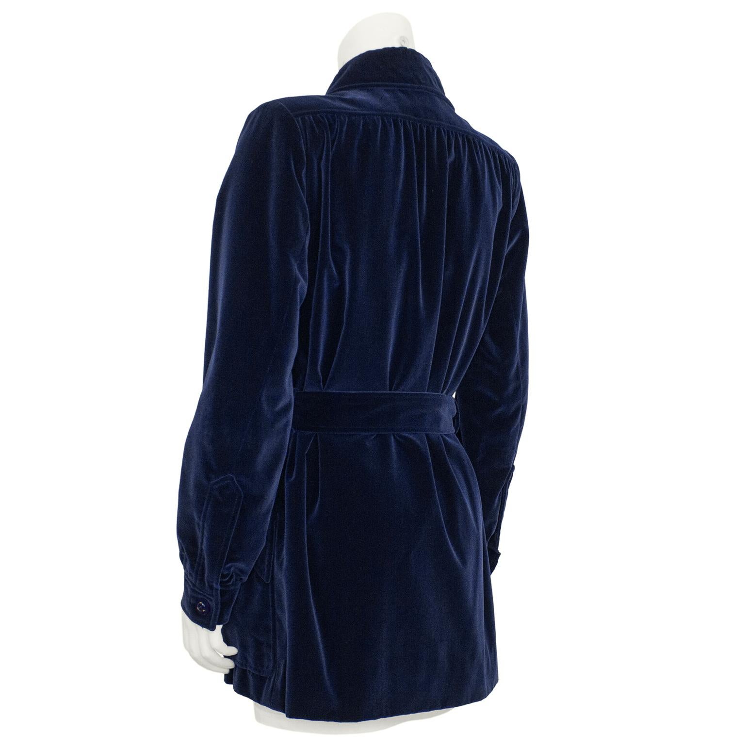 Black 1970s Yves Saint Laurent Navy Velvet Belted Jacket For Sale