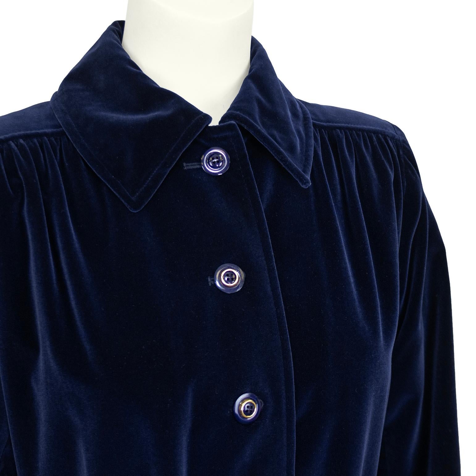 1970s Yves Saint Laurent Navy Velvet Belted Jacket In Good Condition For Sale In Toronto, Ontario
