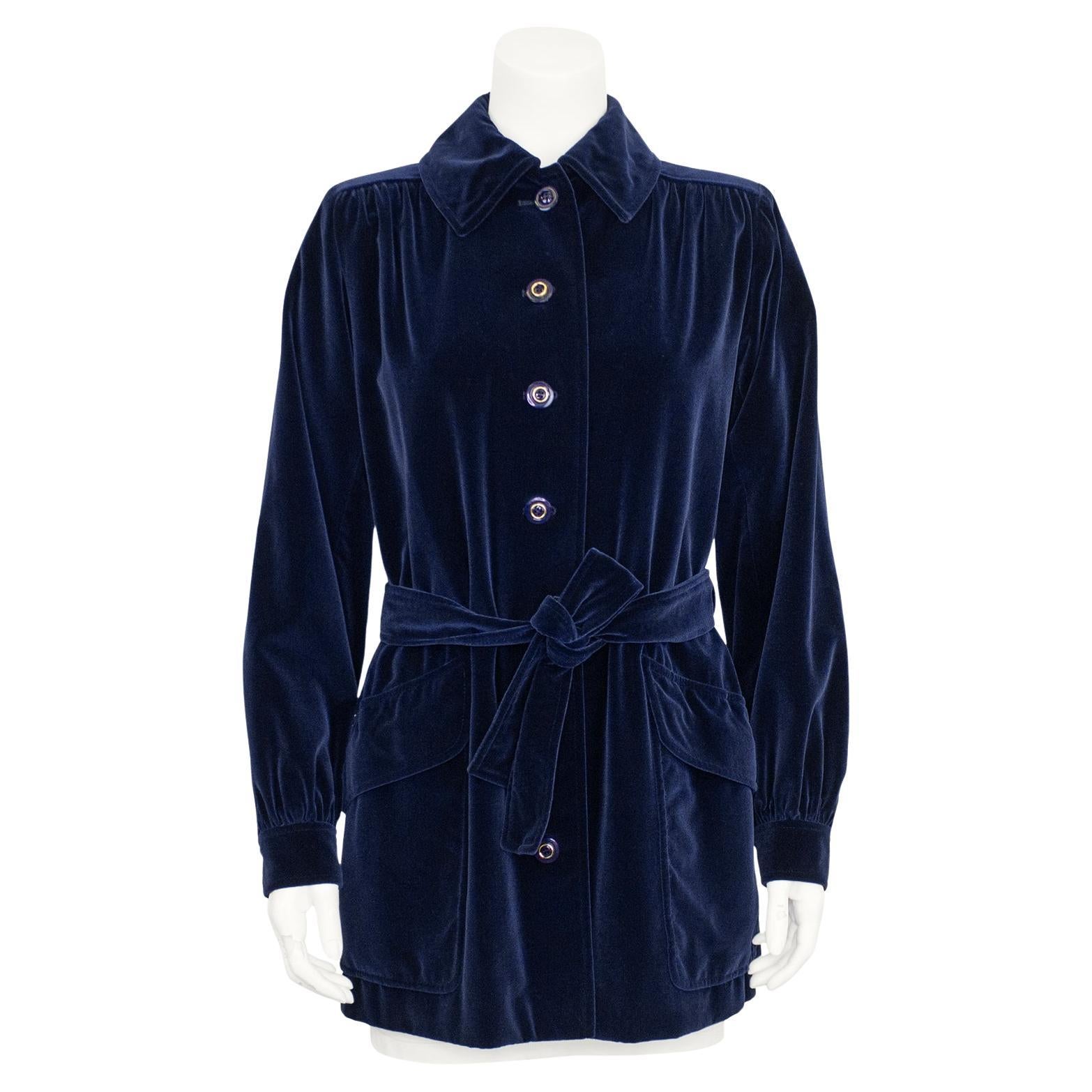 1970s Yves Saint Laurent Navy Velvet Belted Jacket For Sale