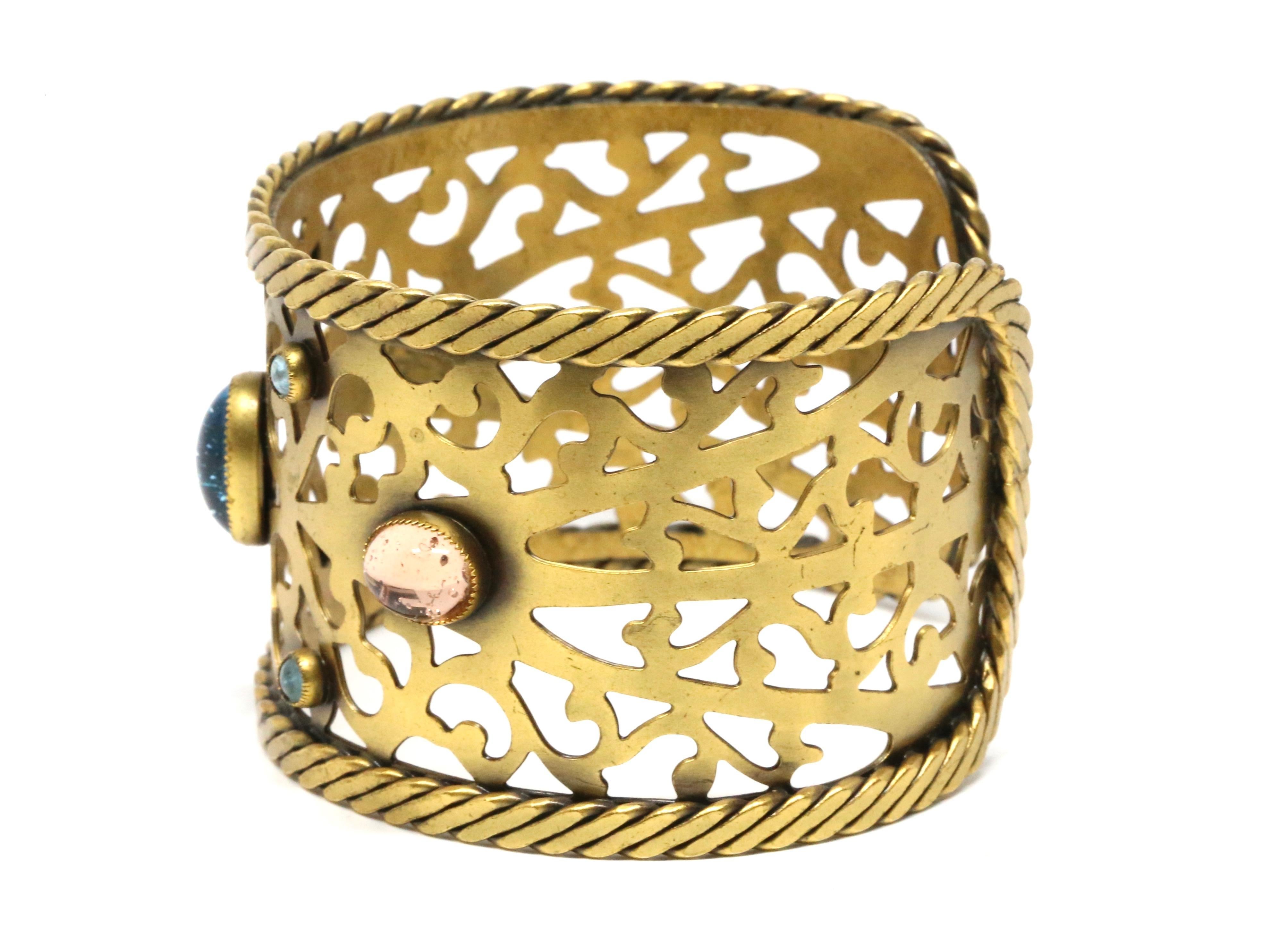 1970's YVES SAINT LAURENT pierced cuff bracelet with poured glass In Good Condition For Sale In San Fransisco, CA