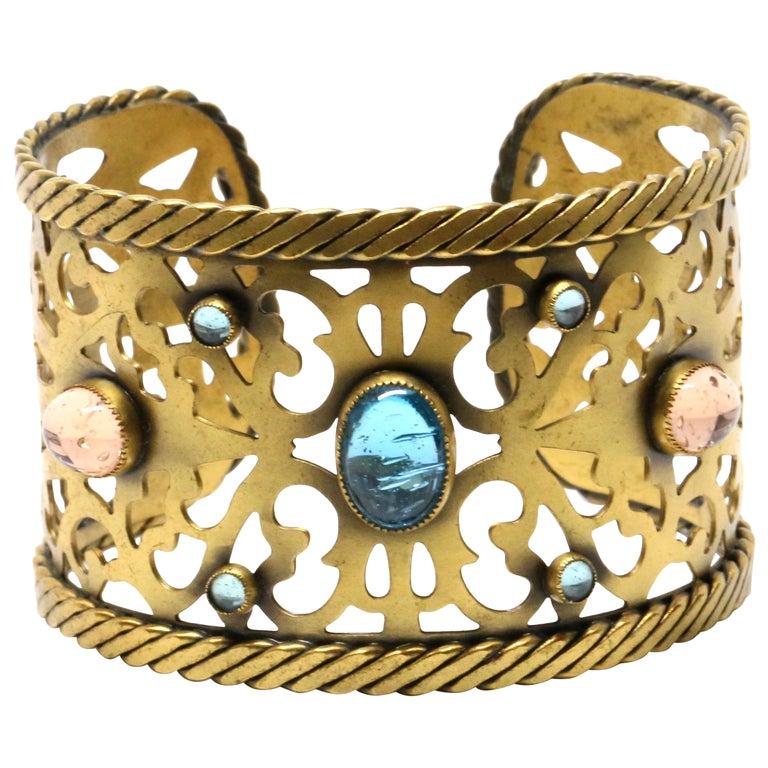 1970's YVES SAINT LAURENT pierced cuff bracelet with poured glass For Sale 4