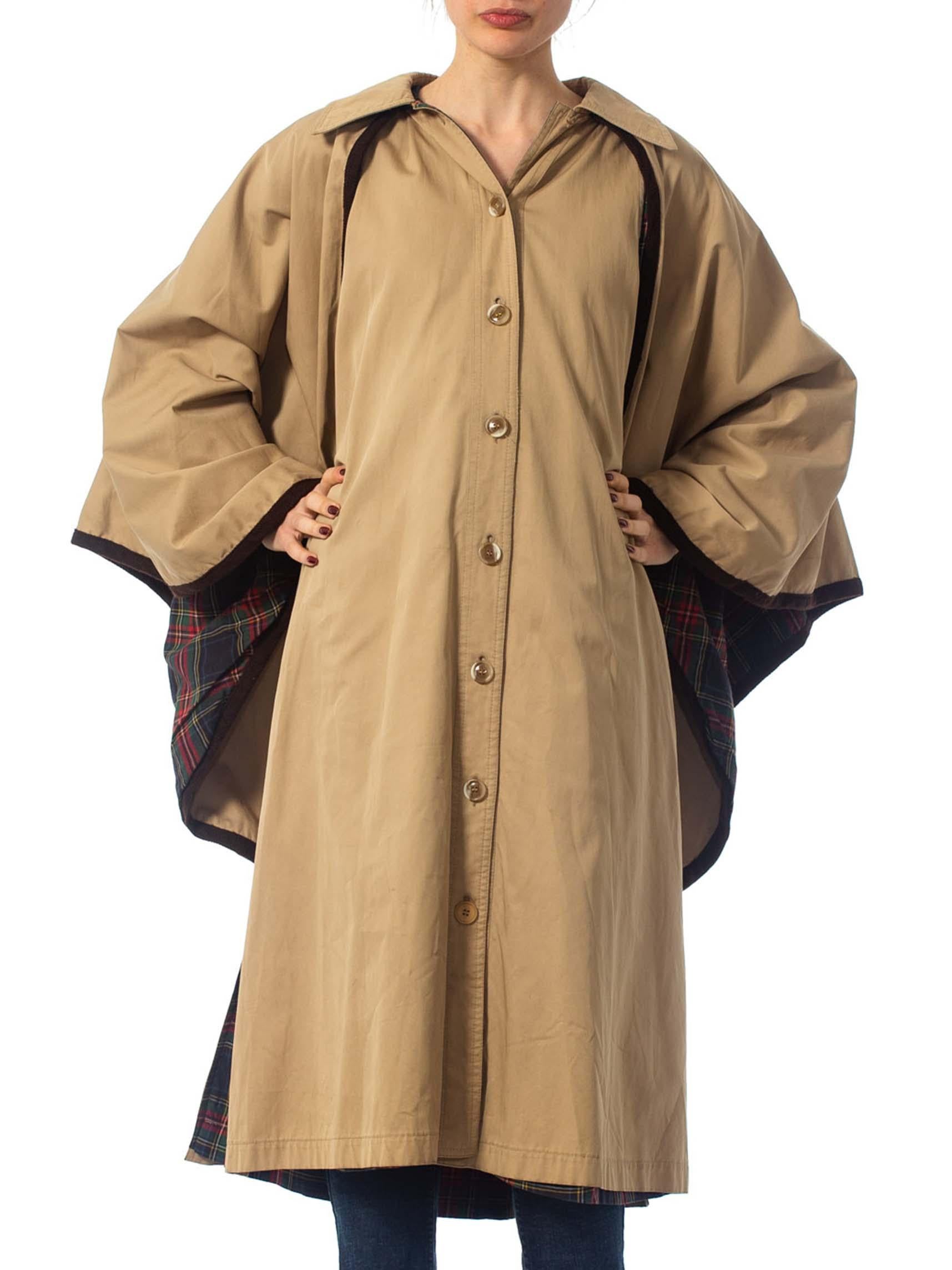 Brown 1970S YVES SAINT LAURENT Poly/Cotton Trench Coat With Attached Cape Lined In A 