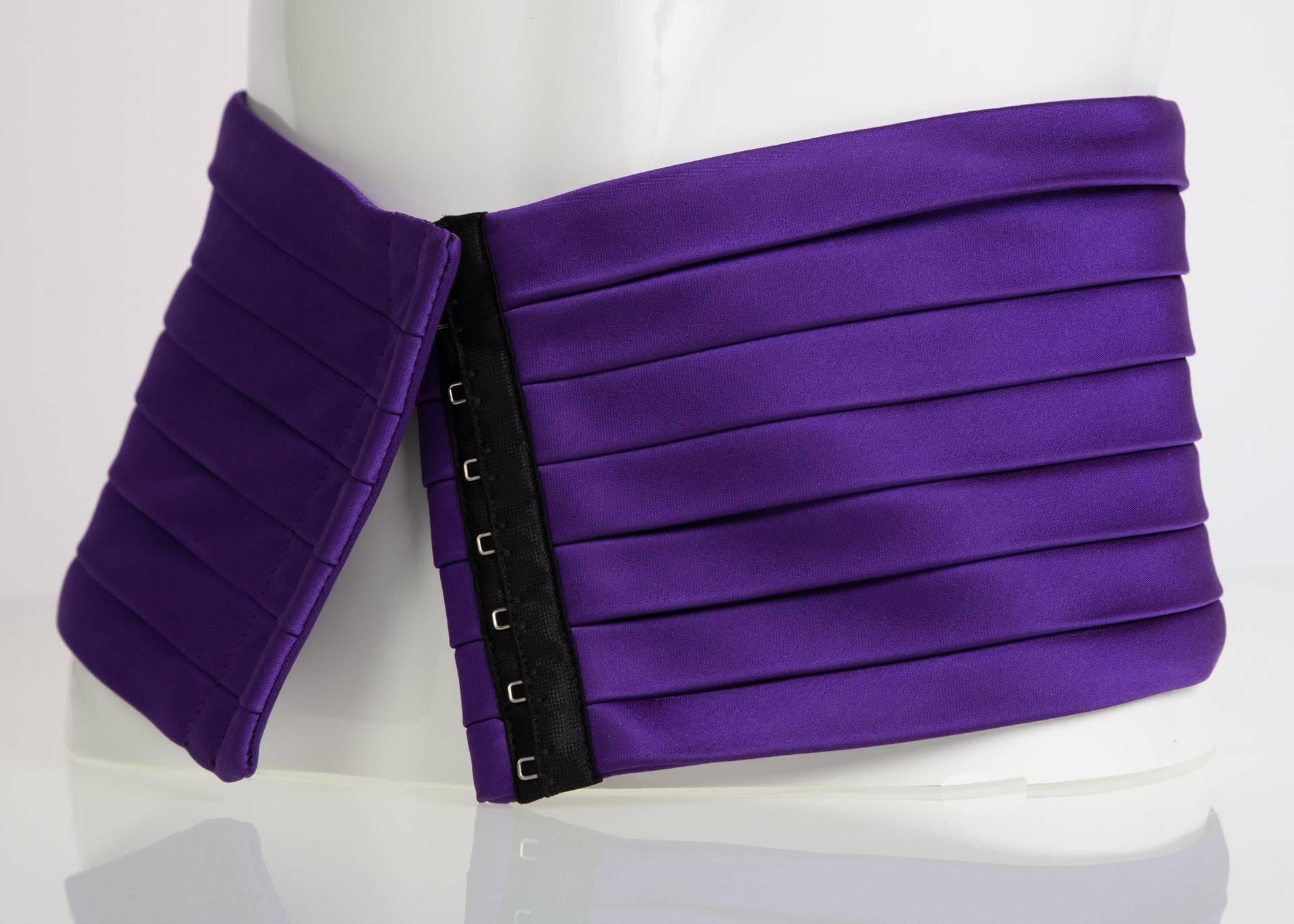 1970s Yves Saint Laurent Purple Pleated Silk Wide Cummerbund Belt In Excellent Condition For Sale In Boca Raton, FL
