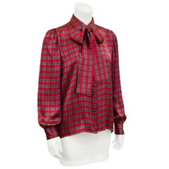 1970s Yves Saint Laurent Red, Blue and Brown Tartan Pussy Bow Blouse