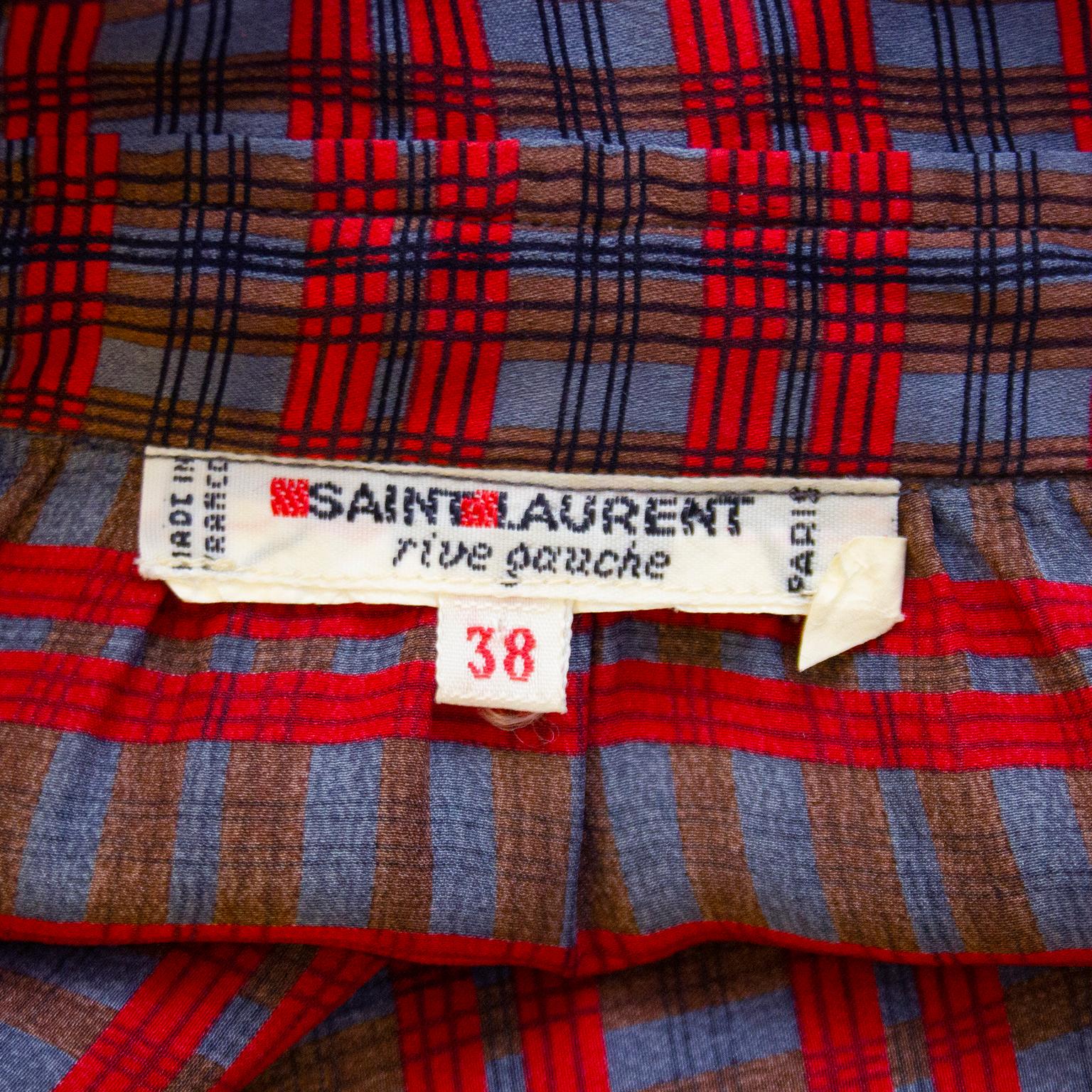 Women's 1970s Yves Saint Laurent Red, Blue and Brown Tartan Pussy Bow Blouse 