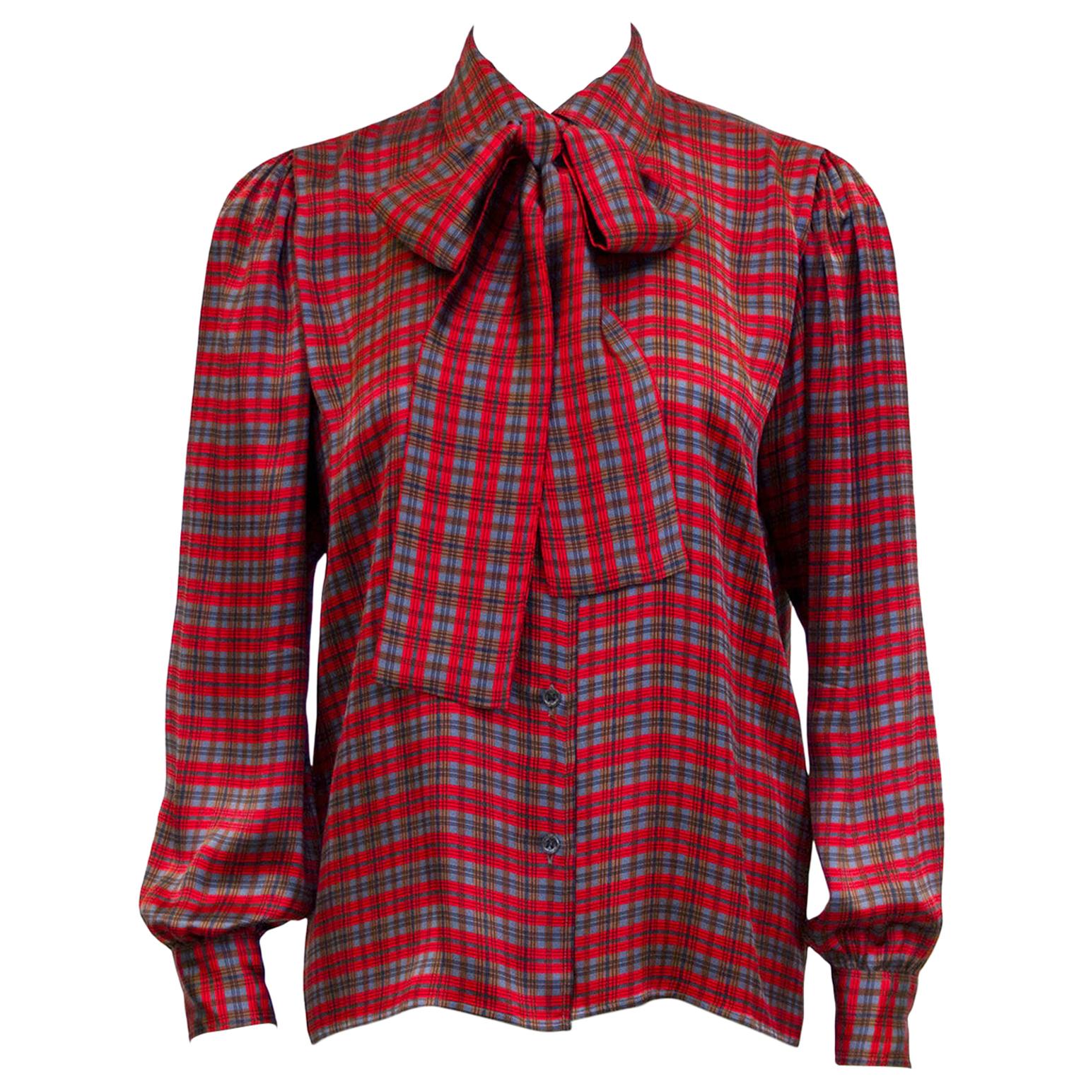 1970s Yves Saint Laurent Red, Blue and Brown Tartan Pussy Bow Blouse 