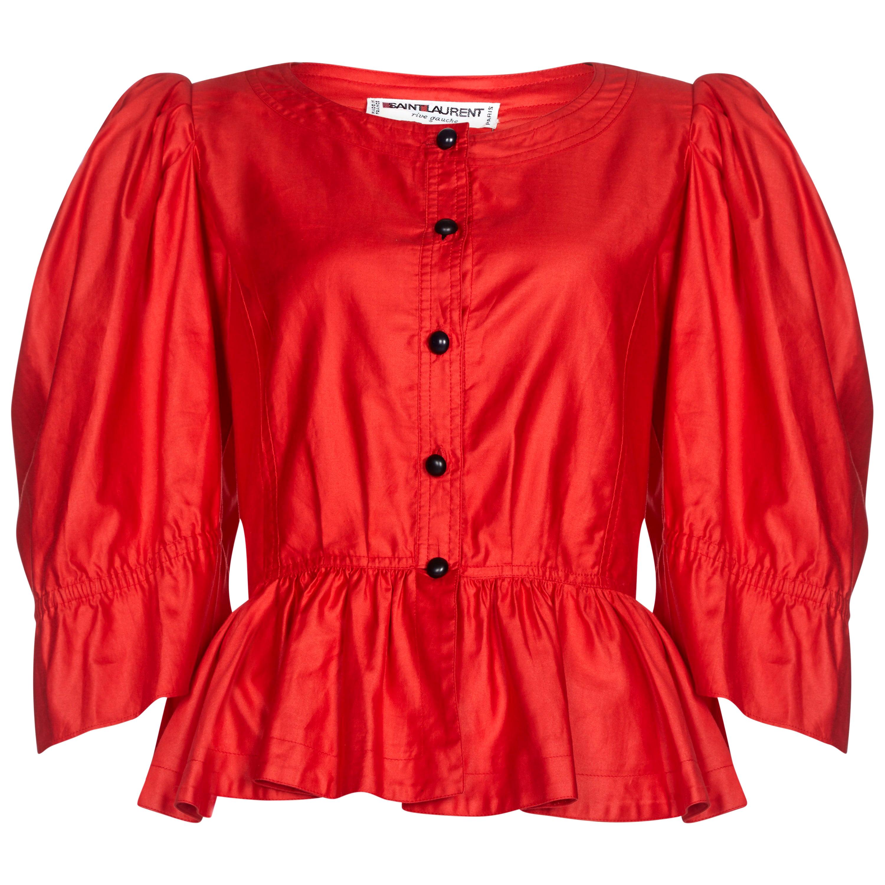 1970s Yves Saint Laurent Red Cotton Bell Sleeve Blouse
