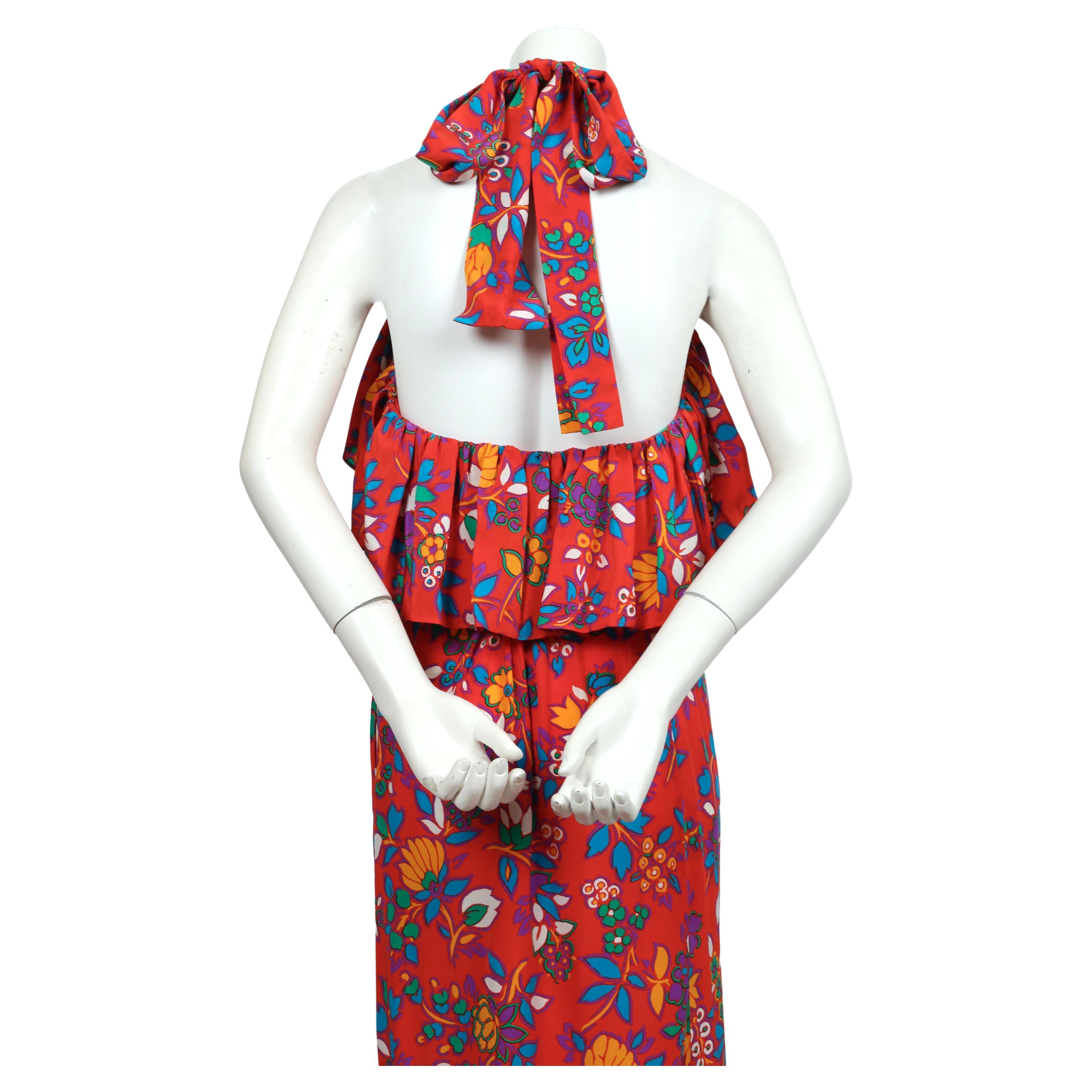 1970's YVES SAINT LAURENT red floral silk halter neck dress with flounce For Sale 6
