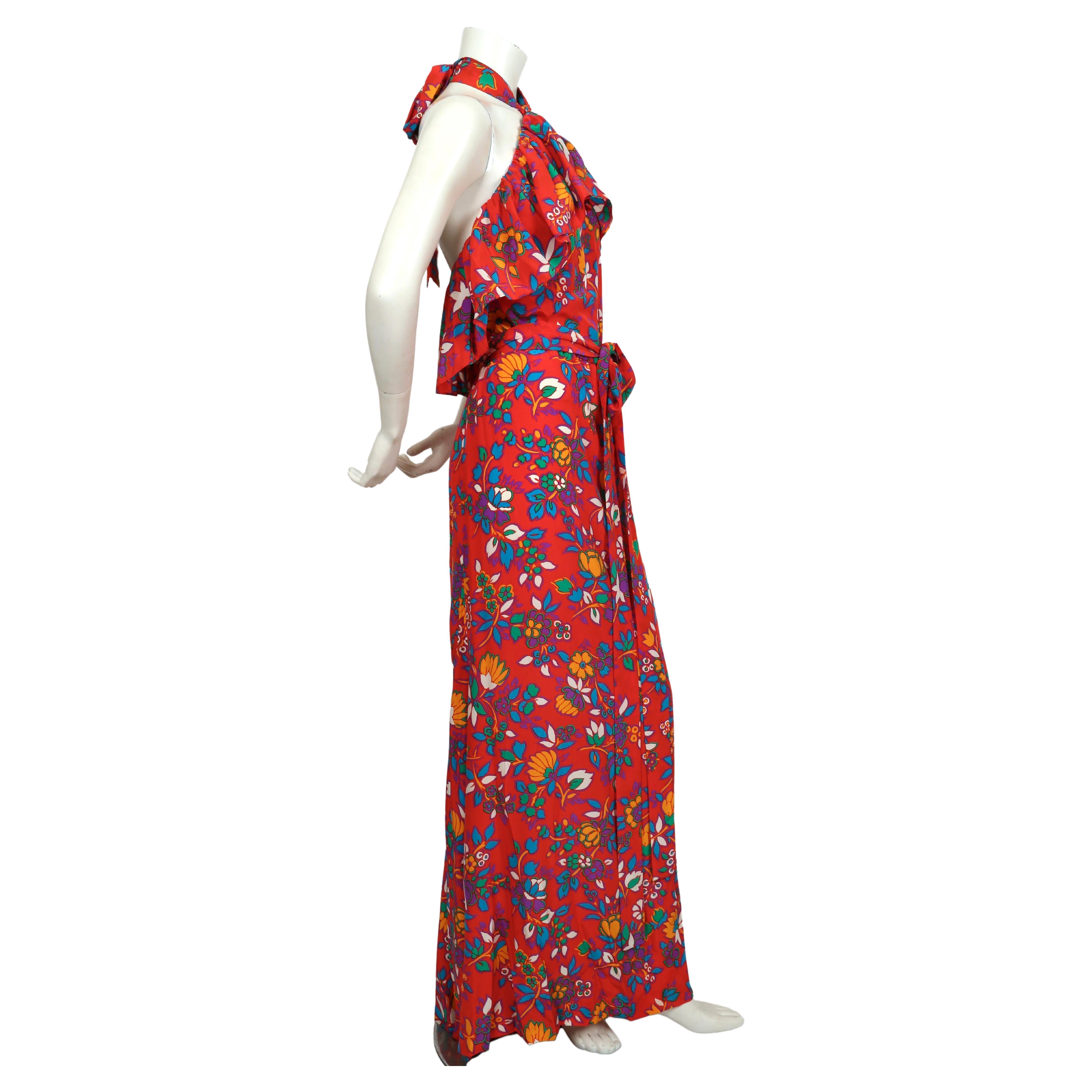 1970's YVES SAINT LAURENT red floral silk halter neck dress with flounce In Good Condition For Sale In San Fransisco, CA