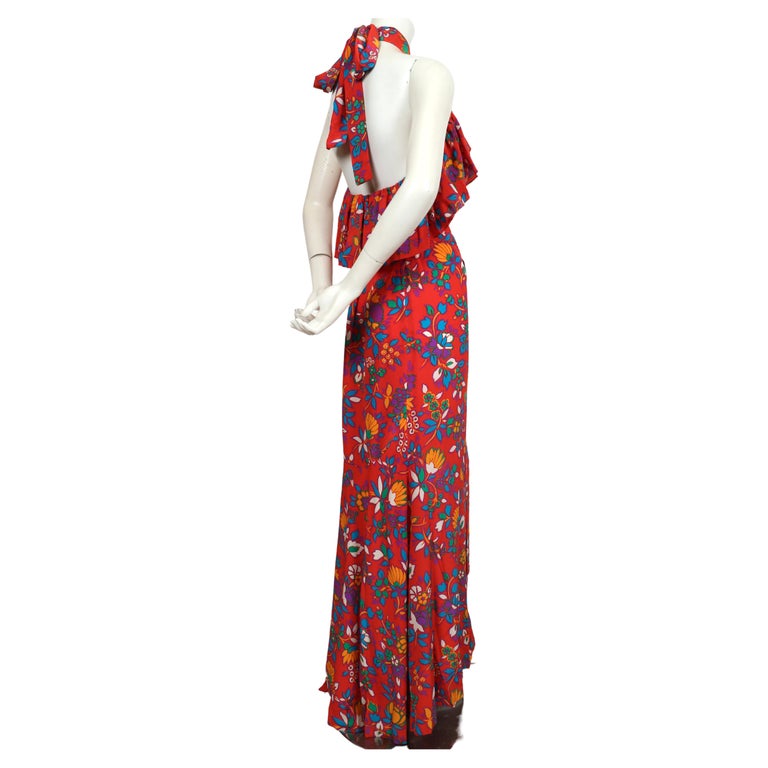 1972 Yves Saint Laurent Red Floral Silk Chiffon & Red Silk Dress w Balloon Sleeves & Pleat Detailing