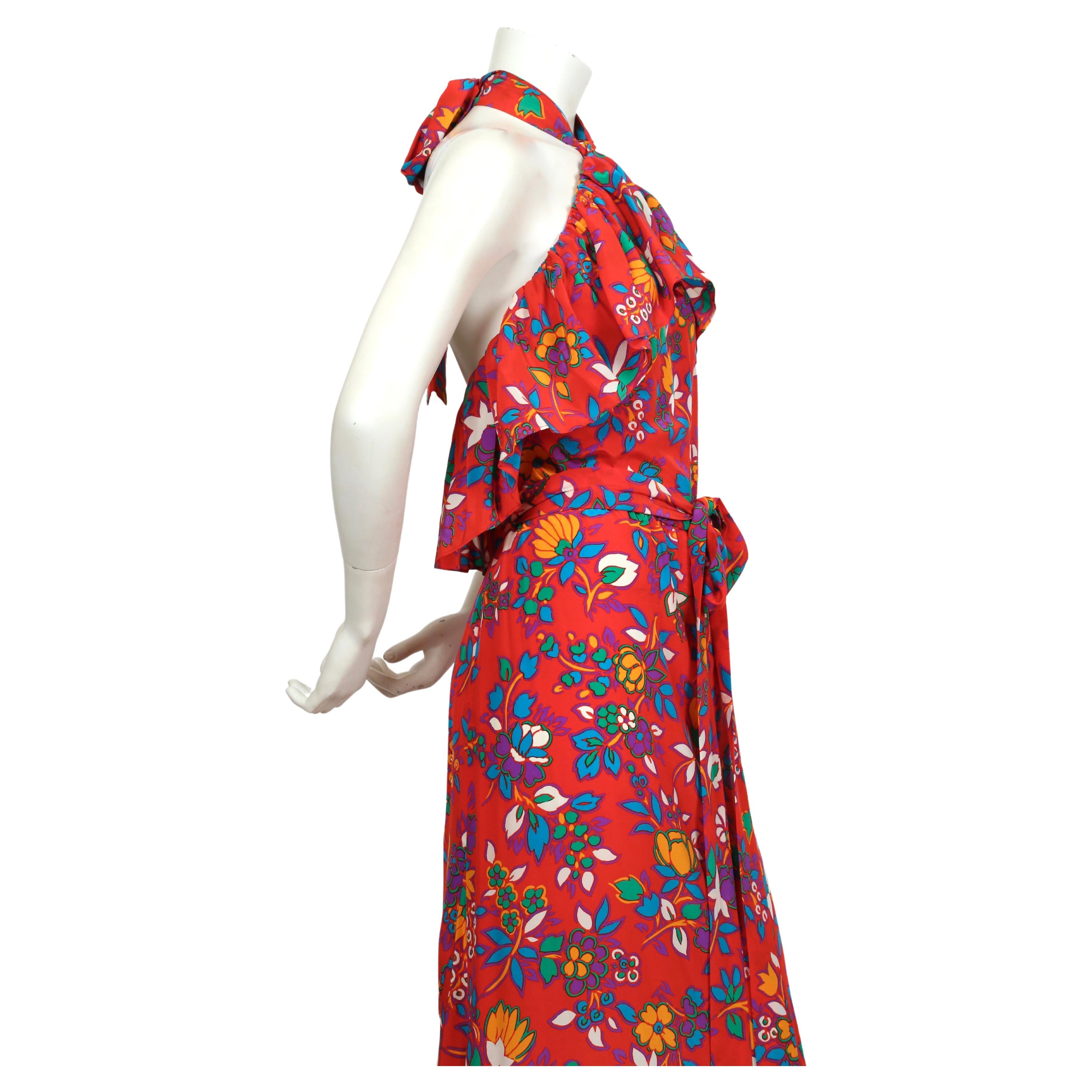 1970's YVES SAINT LAURENT red floral silk halter neck dress with flounce For Sale 1