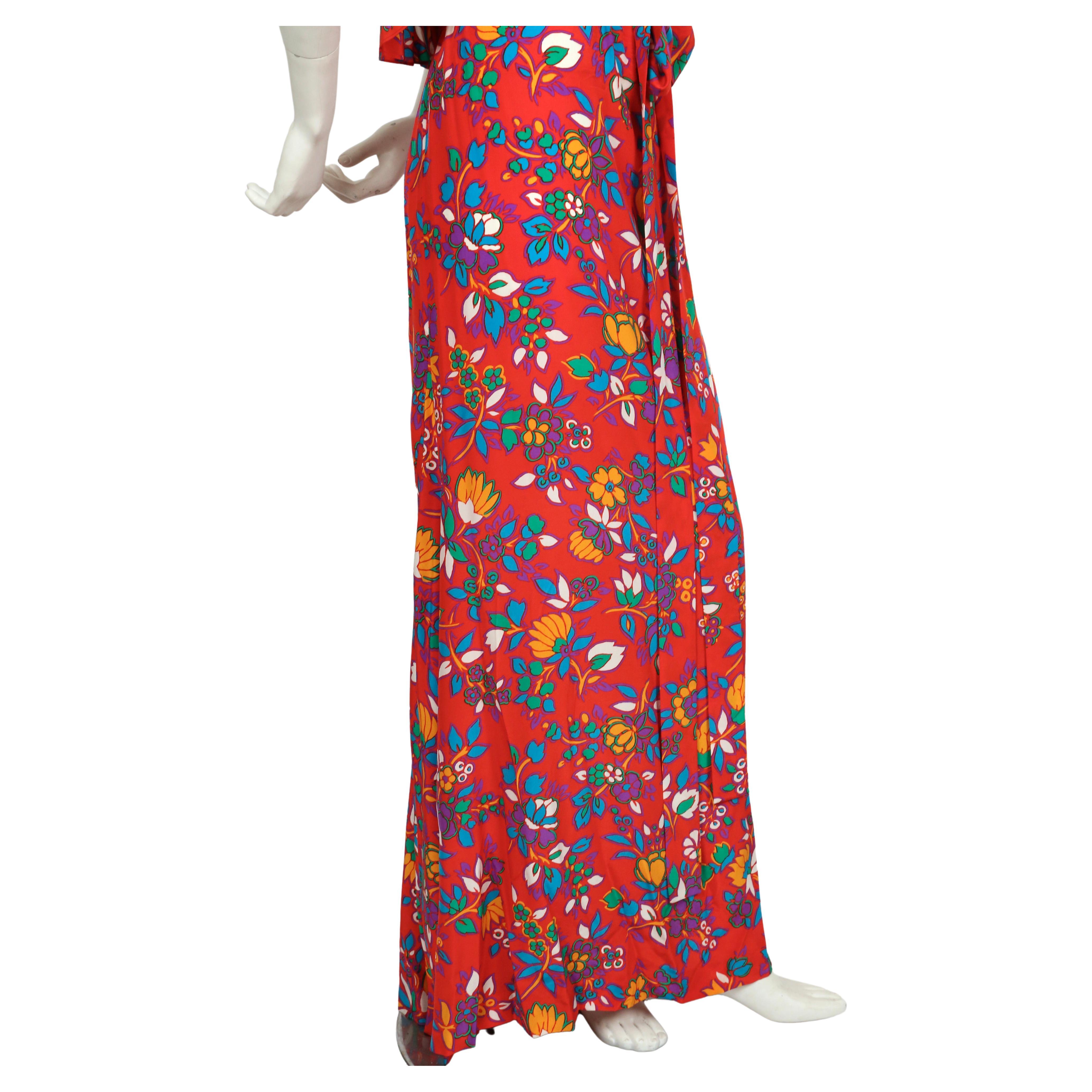 1970's YVES SAINT LAURENT red floral silk halter neck dress with flounce For Sale 2