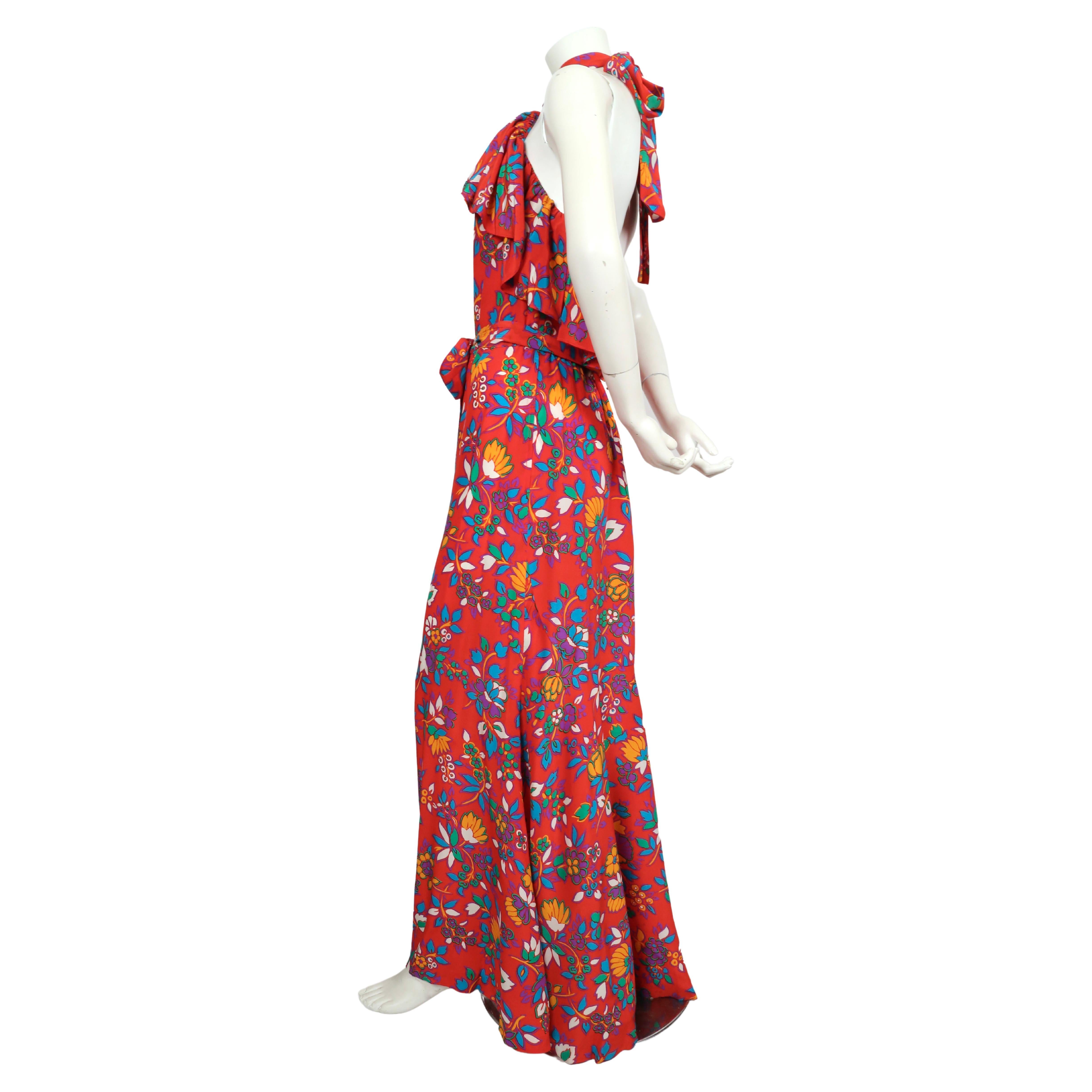1970's YVES SAINT LAURENT red floral silk halter neck dress with flounce For Sale 3