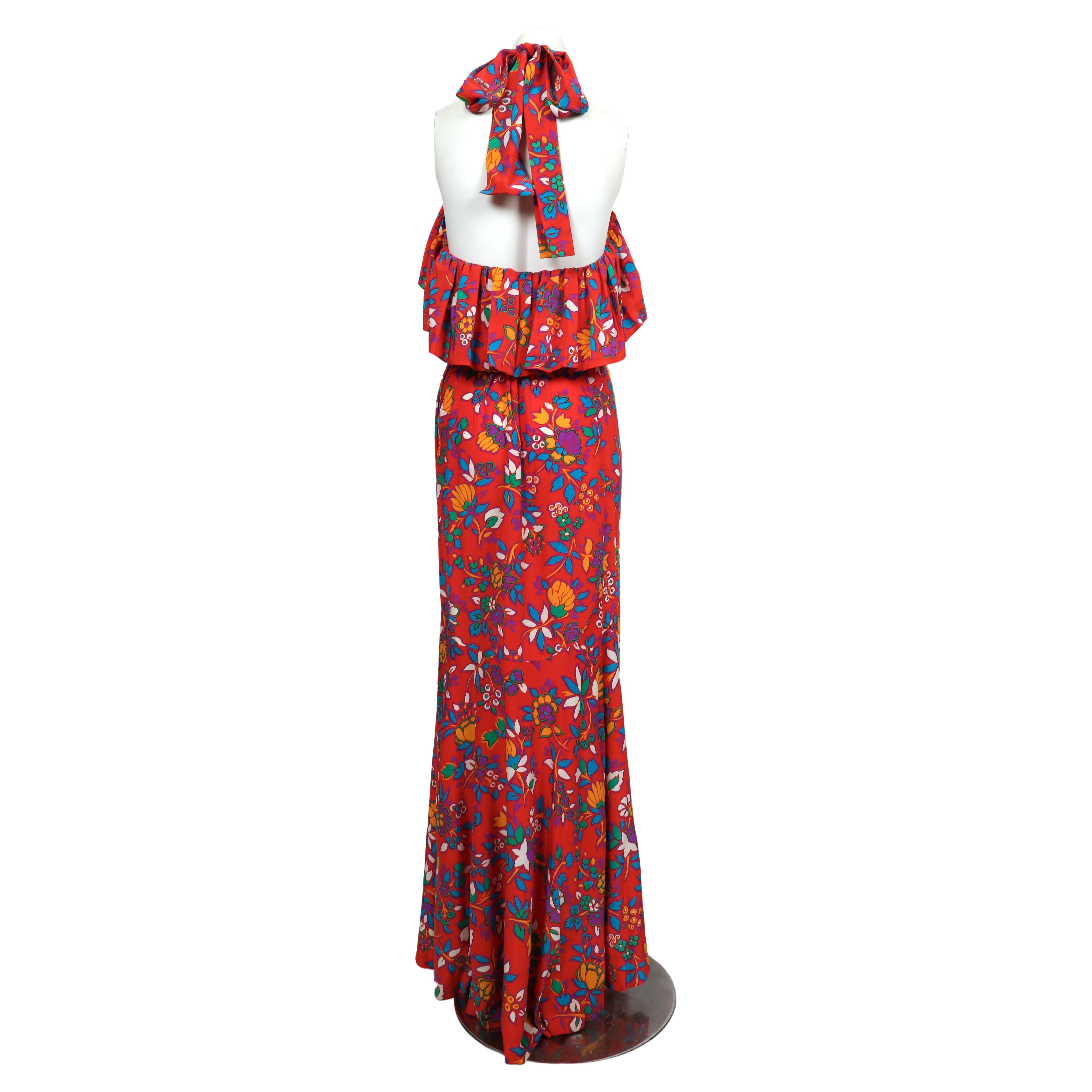 1970's YVES SAINT LAURENT red floral silk halter neck dress with flounce For Sale 5