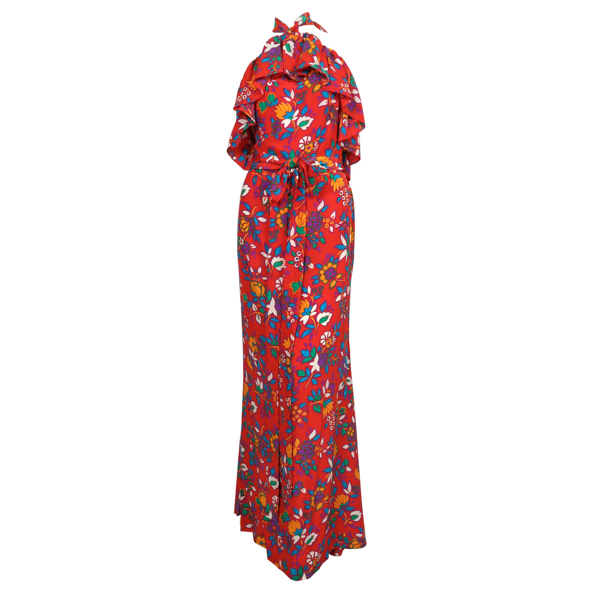 1970's YVES SAINT LAURENT red floral silk halter neck dress with flounce For Sale