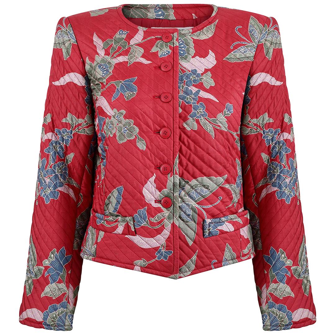 1970s Yves Saint Laurent Red Quilted Jacket With Butterfly Floral Design