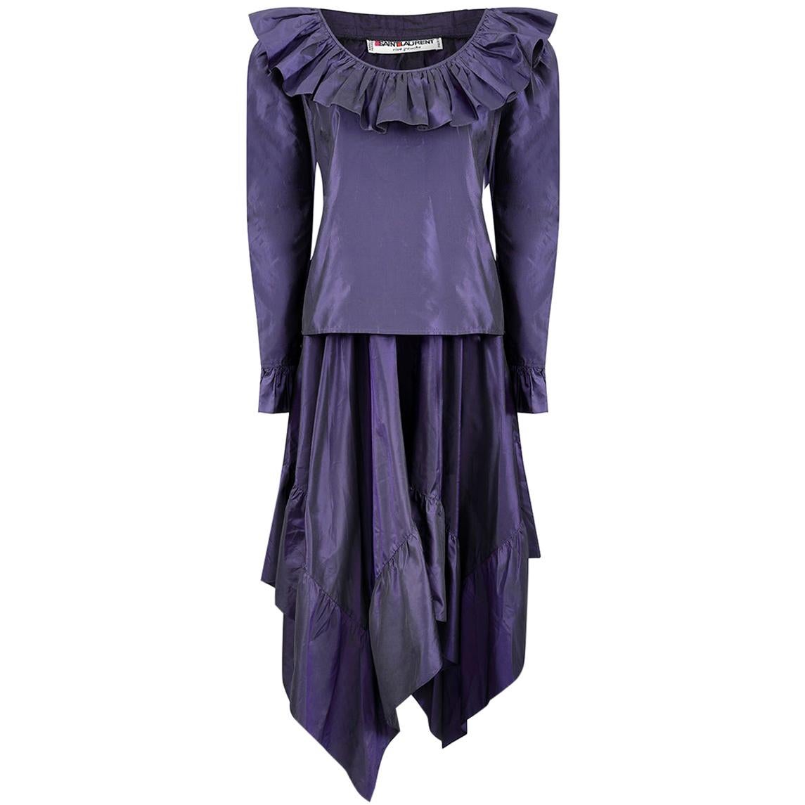 Conjunto de falda con volantes de tafetán púrpura intenso Yves Saint Laurent de los años 70