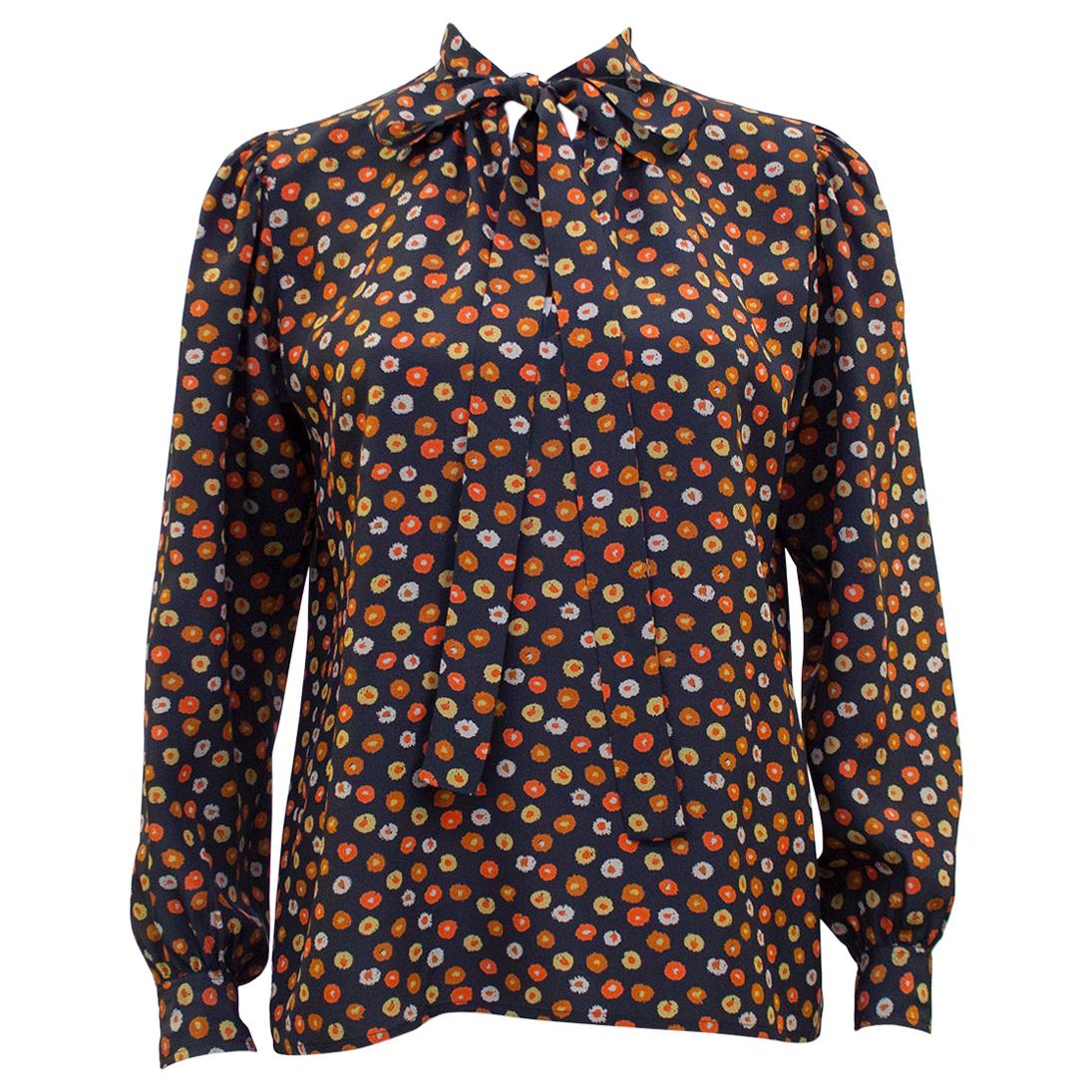 1970s Yves Saint Laurent Rive Gauche Black Silk Shirt with Orange Flowers