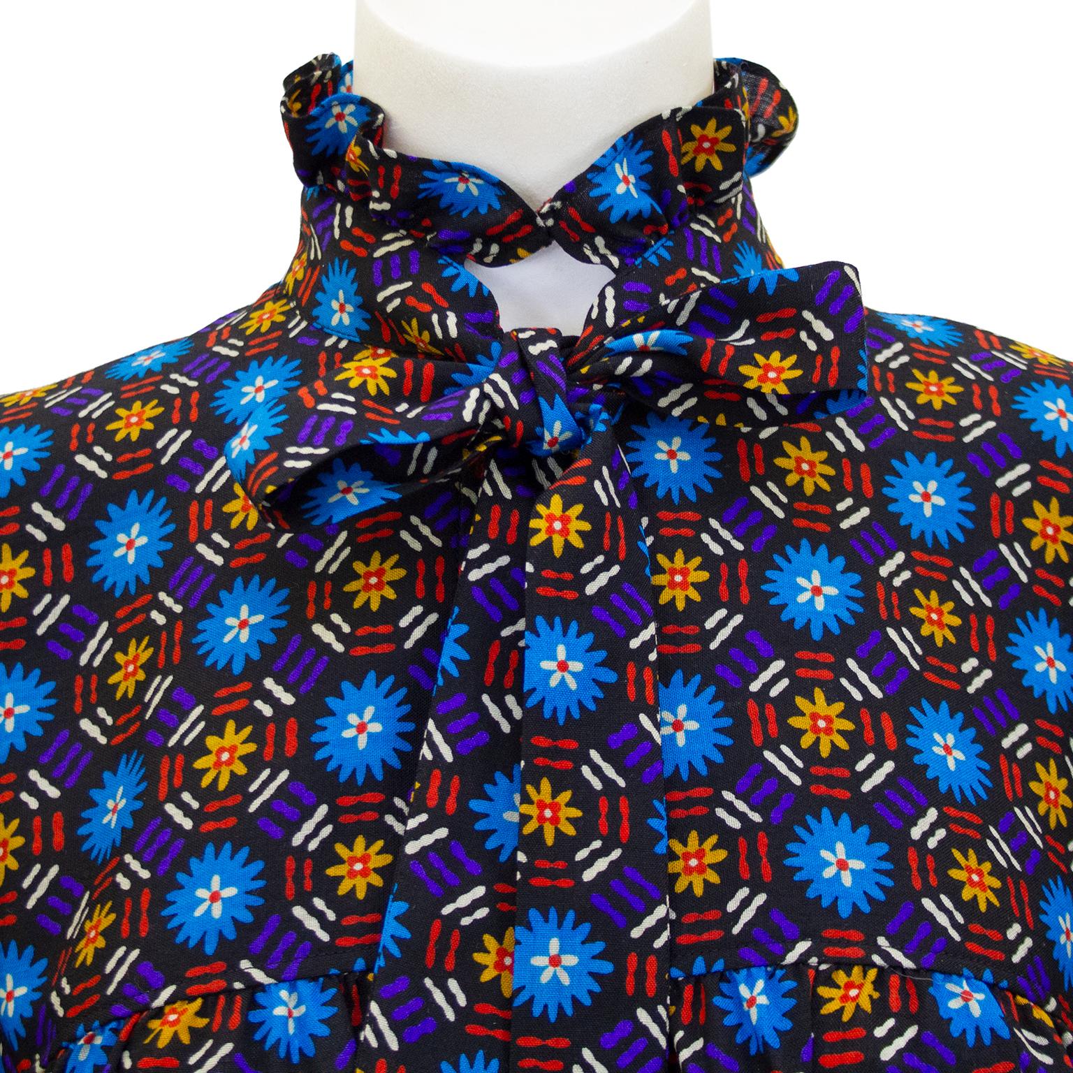 1970s Yves Saint Laurent Rive Gauche Blue Floral Cotton Dress In Good Condition For Sale In Toronto, Ontario