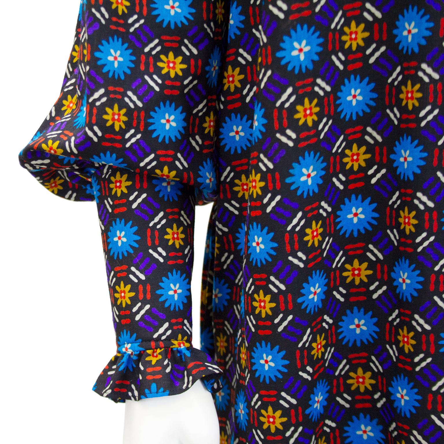 Women's 1970s Yves Saint Laurent Rive Gauche Blue Floral Cotton Dress For Sale