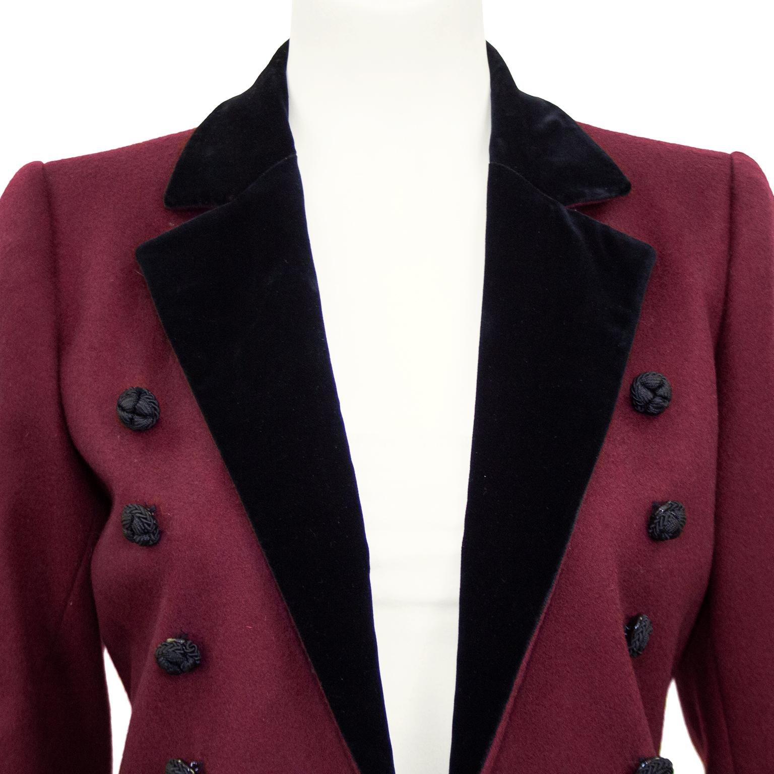 Black 1970s Yves Saint Laurent Rive Gauche Bordeaux Red Wool Tuxedo Jacket  For Sale