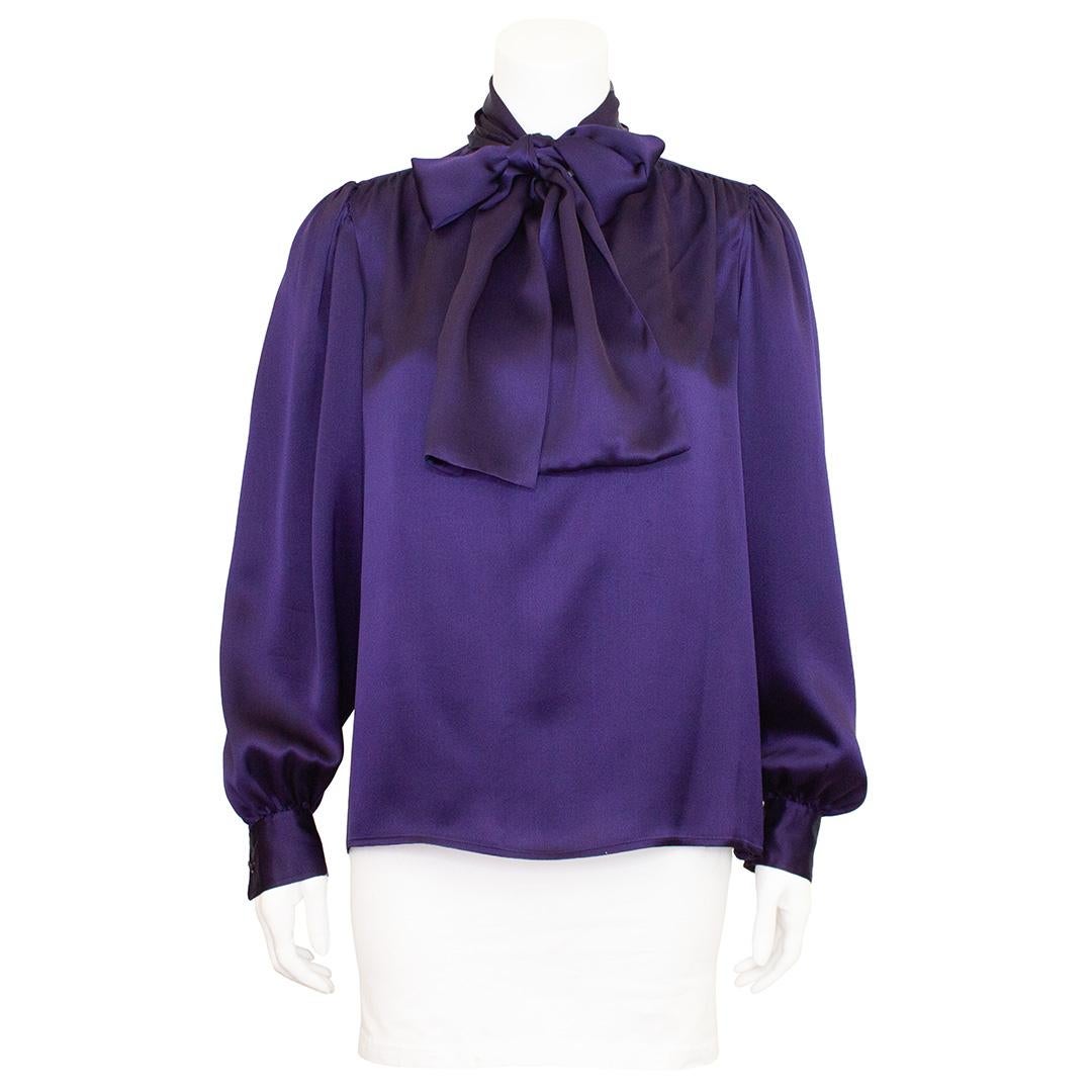 1970s Yves Saint Laurent Rive Gauche Eggplant Purple Silk Blouse In Good Condition For Sale In Toronto, Ontario
