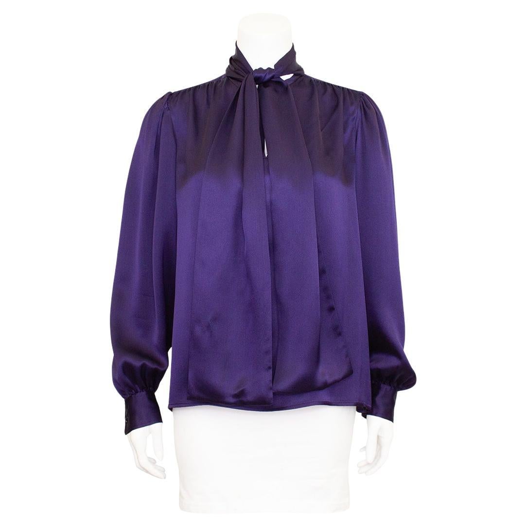 1970s Yves Saint Laurent Rive Gauche Eggplant Purple Silk Blouse For Sale