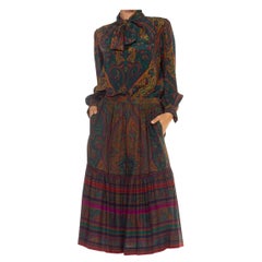 1970S YVES SAINT LAURENT RIVE GAUCHE Green & Yellow Silk Pussy Bow Blouse Maxi