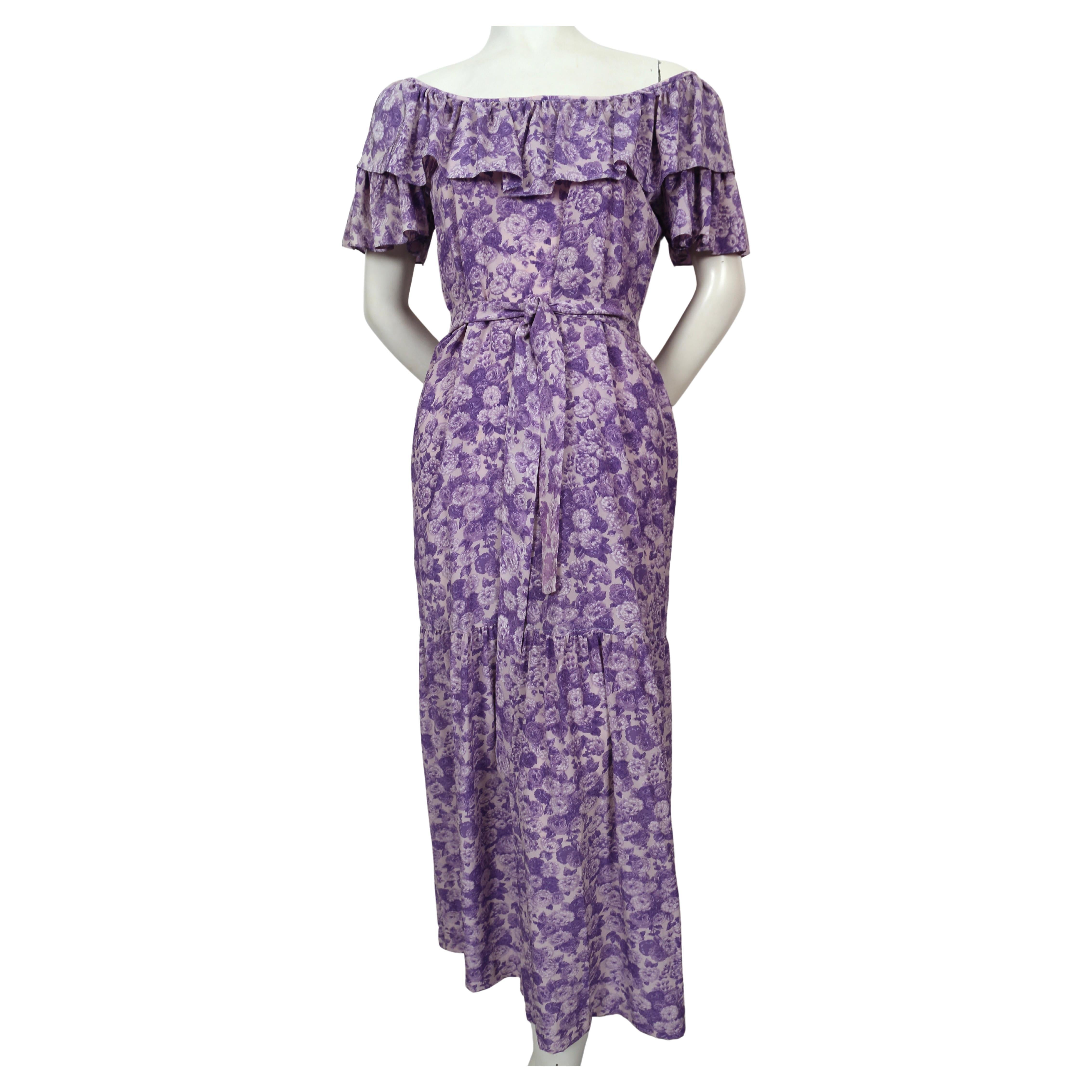 1970's YVES SAINT LAURENT rive gauche purple silk floral dress  In Good Condition For Sale In San Fransisco, CA