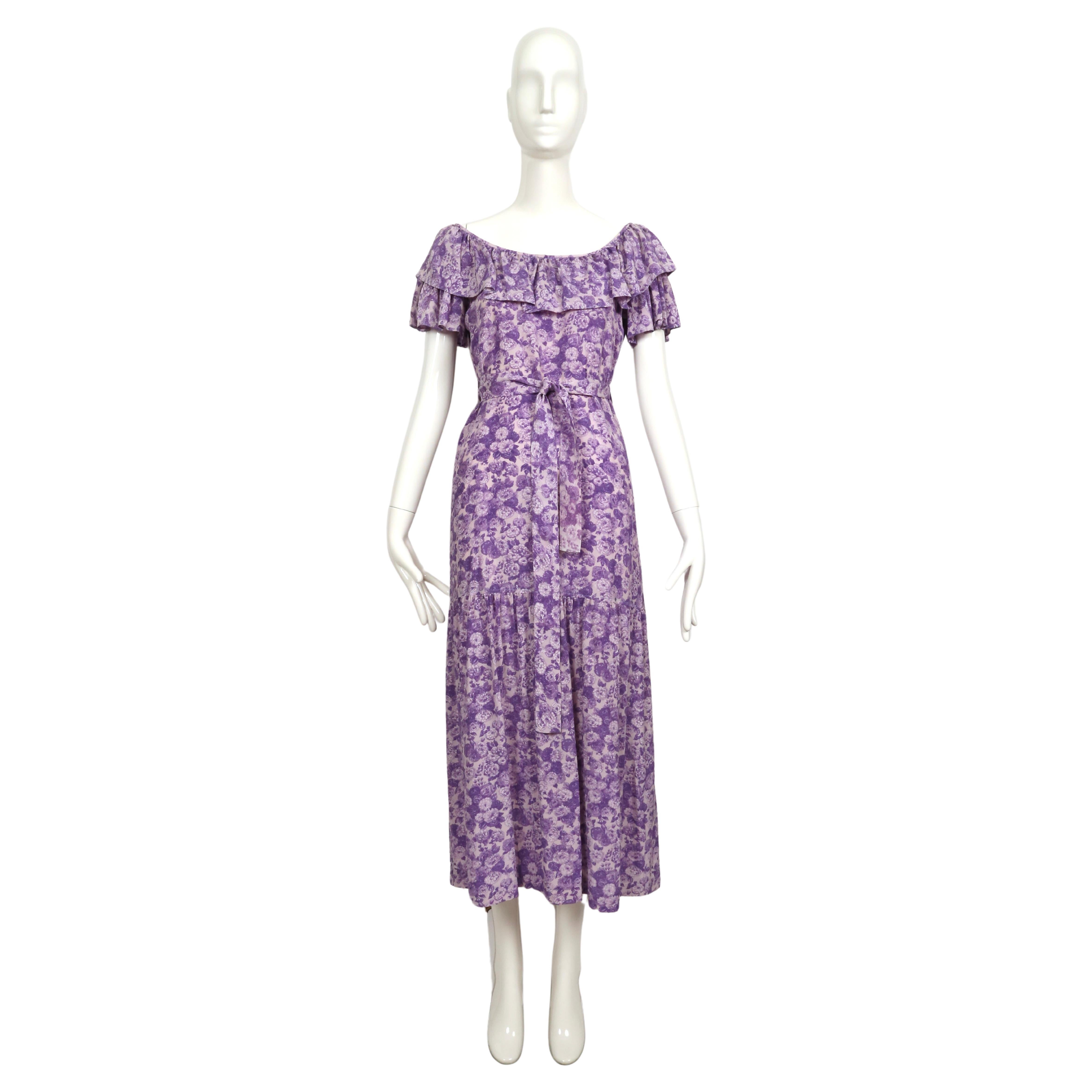 Gray 1976 YVES SAINT LAURENT rive gauche purple silk floral RUNWAY dress For Sale
