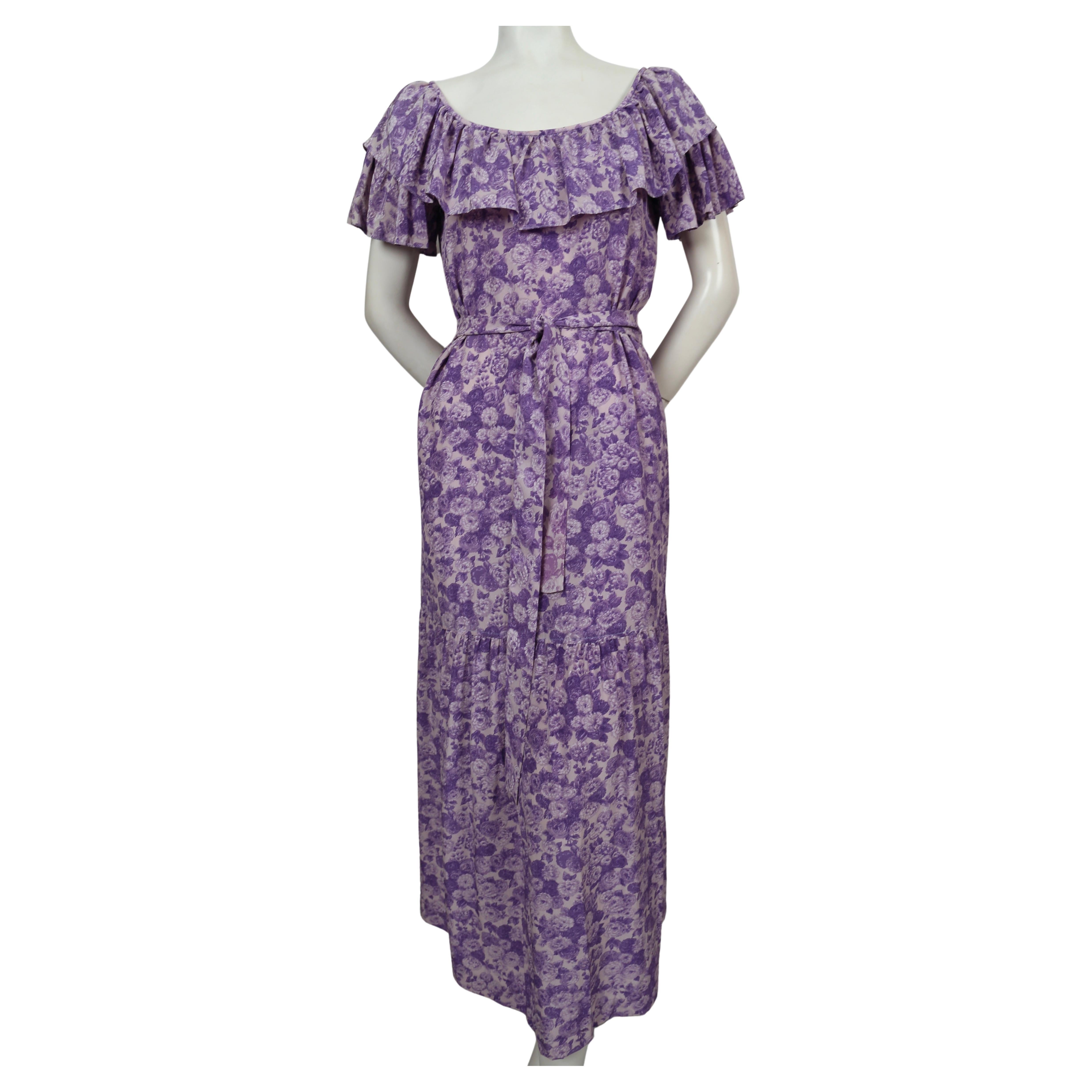 Women's 1970's YVES SAINT LAURENT rive gauche purple silk floral dress  For Sale