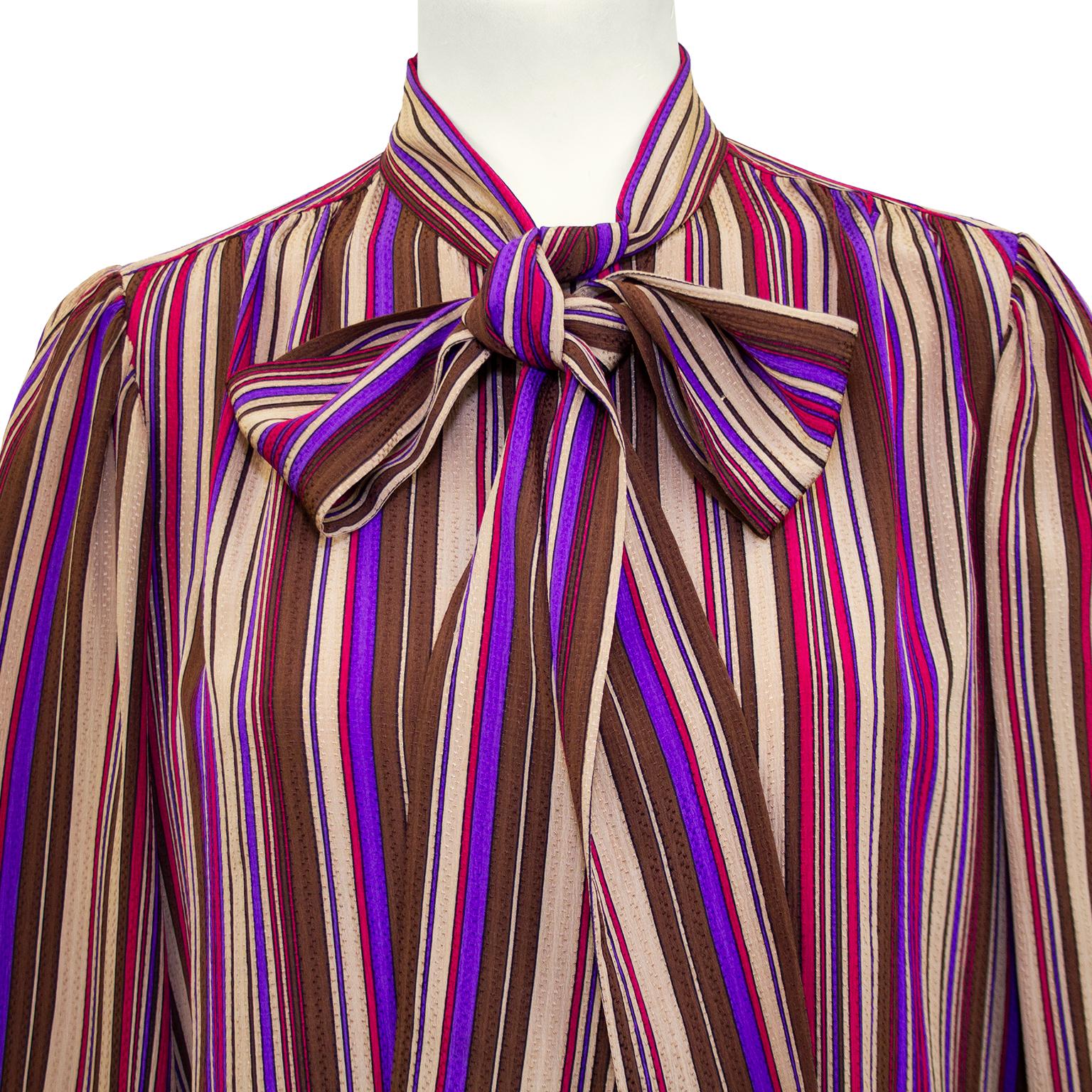 1970s Yves Saint Laurent Rive Gauche Purple Stripe Silk Pussybow Blouse  In Good Condition In Toronto, Ontario
