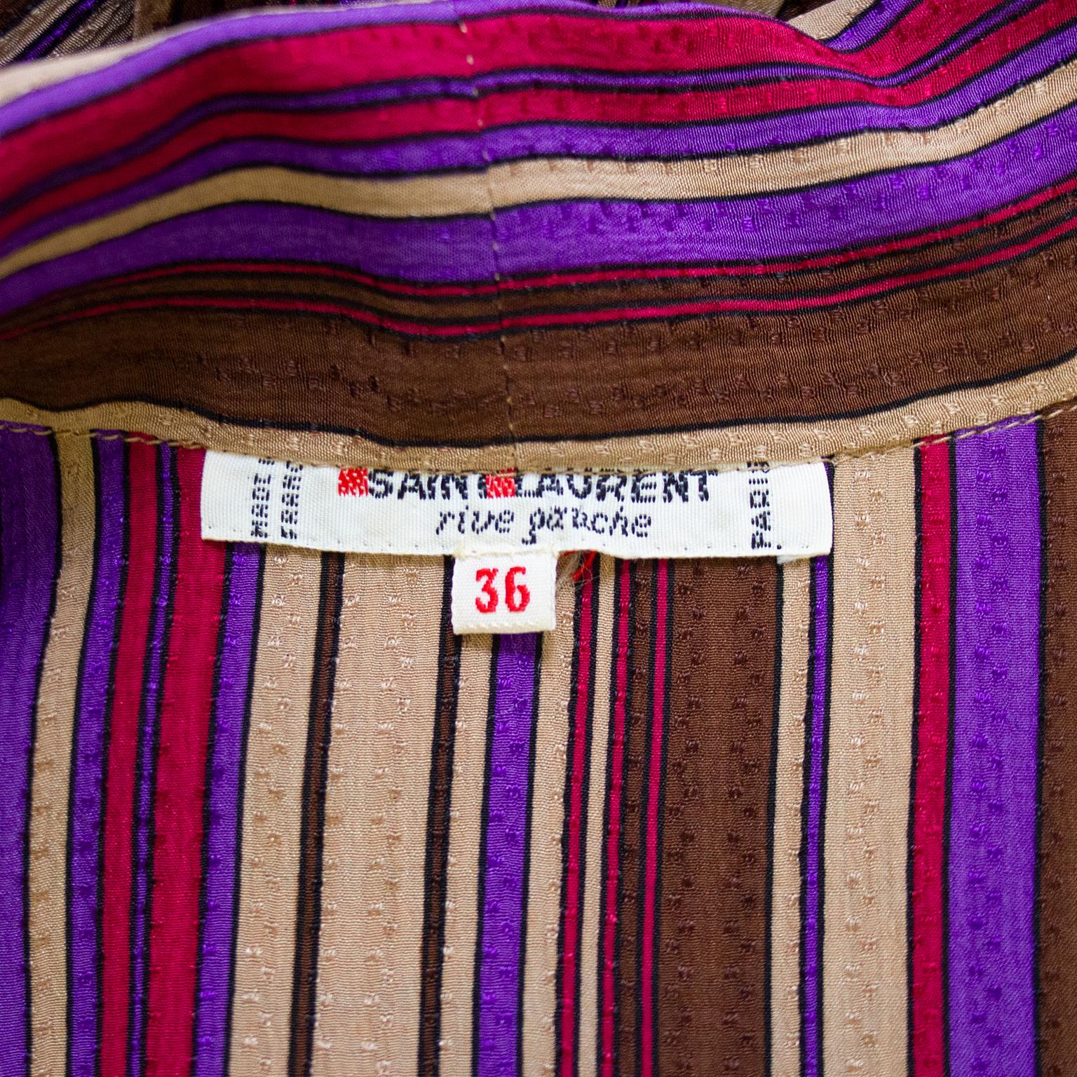 Women's 1970s Yves Saint Laurent Rive Gauche Purple Stripe Silk Pussybow Blouse 