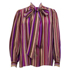 1970s Yves Saint Laurent Rive Gauche Purple Stripe Silk Pussybow Blouse 