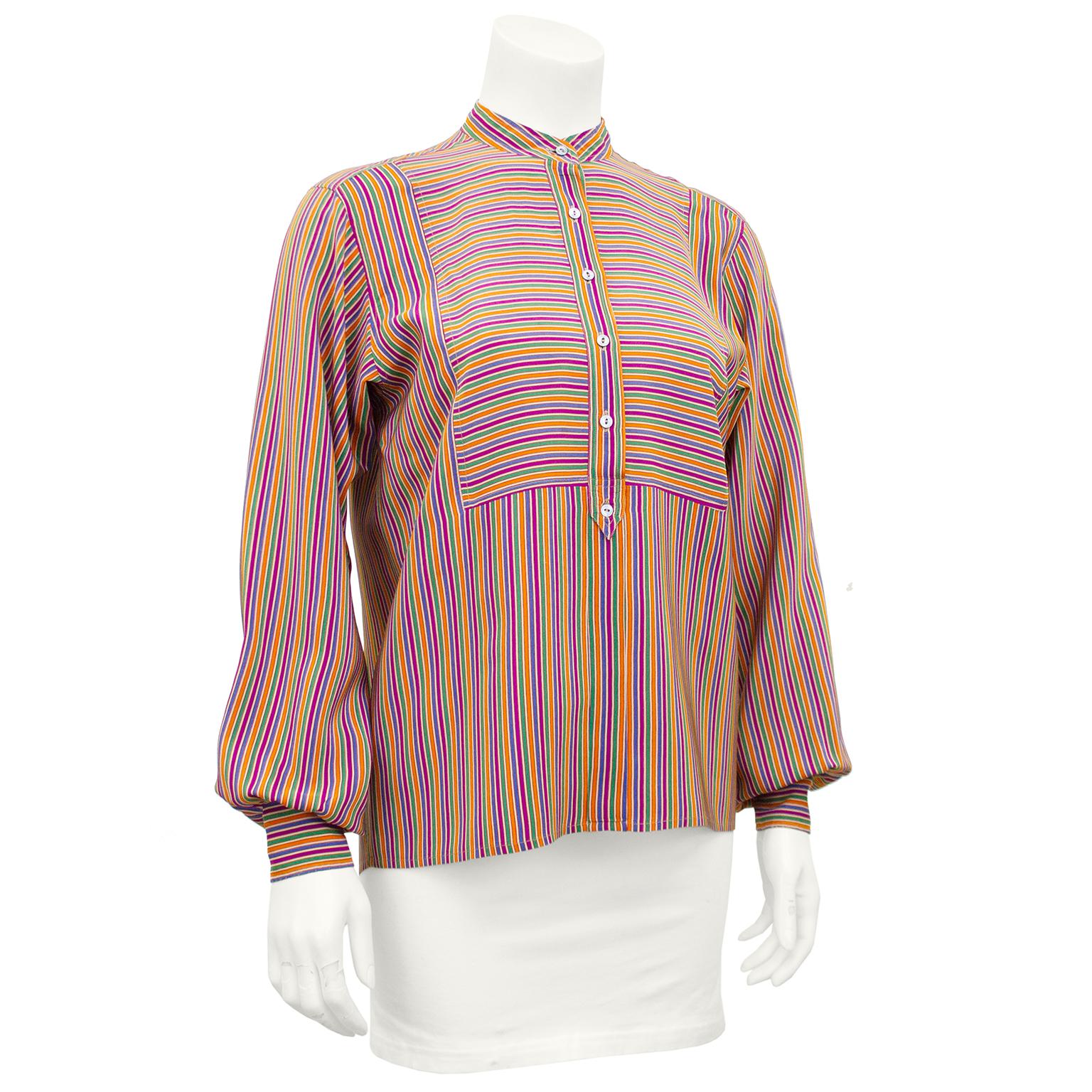 1970s YSL green, orange, blue and purple vertical and horizontal stripe silk shirt. Henley style with six buttons down the centre front. Mandarian collar and bishop sleeves. Excellent vintage condition. Marked FR size 36, fits like a US size 2- 4.