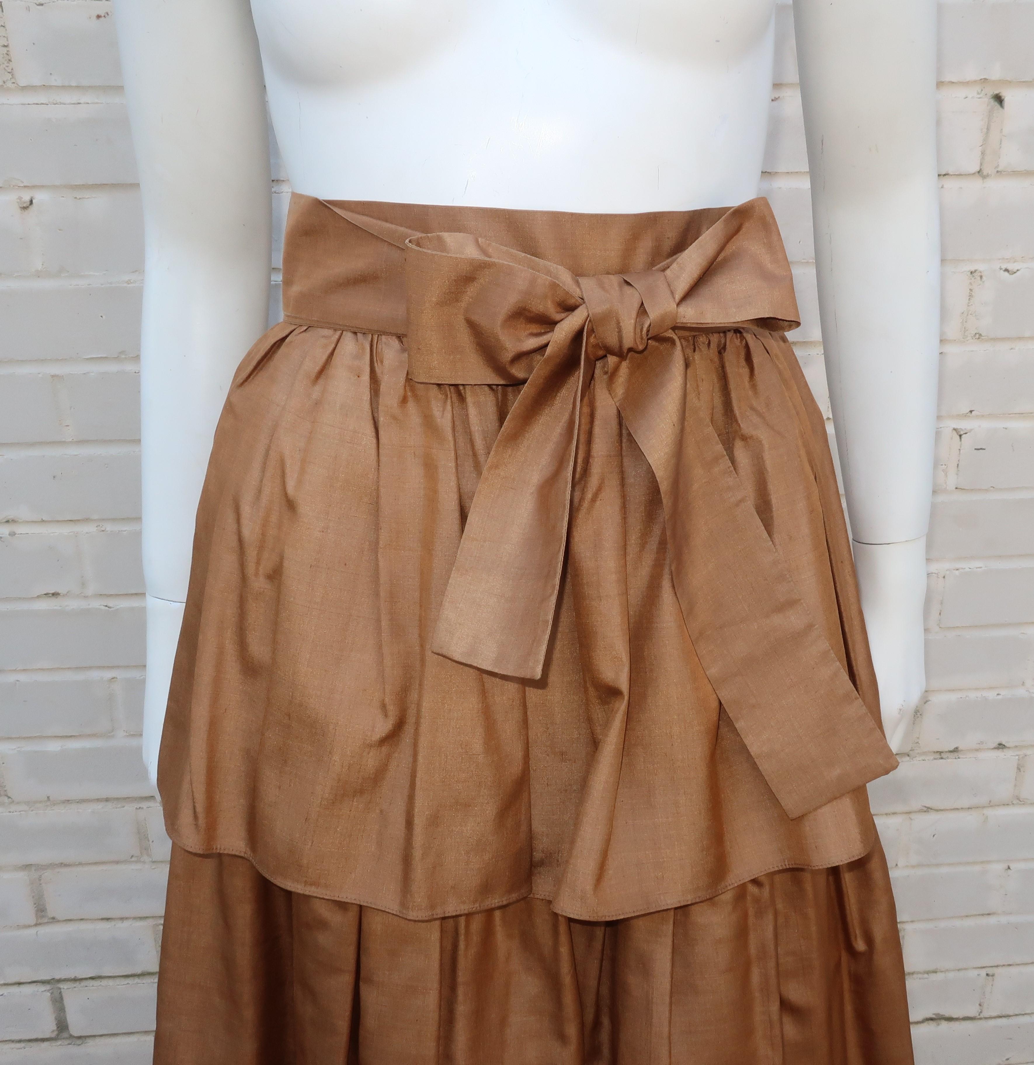 Brown 1970's Yves Saint Laurent Rive Gauche Silk Tiered Peasant Skirt