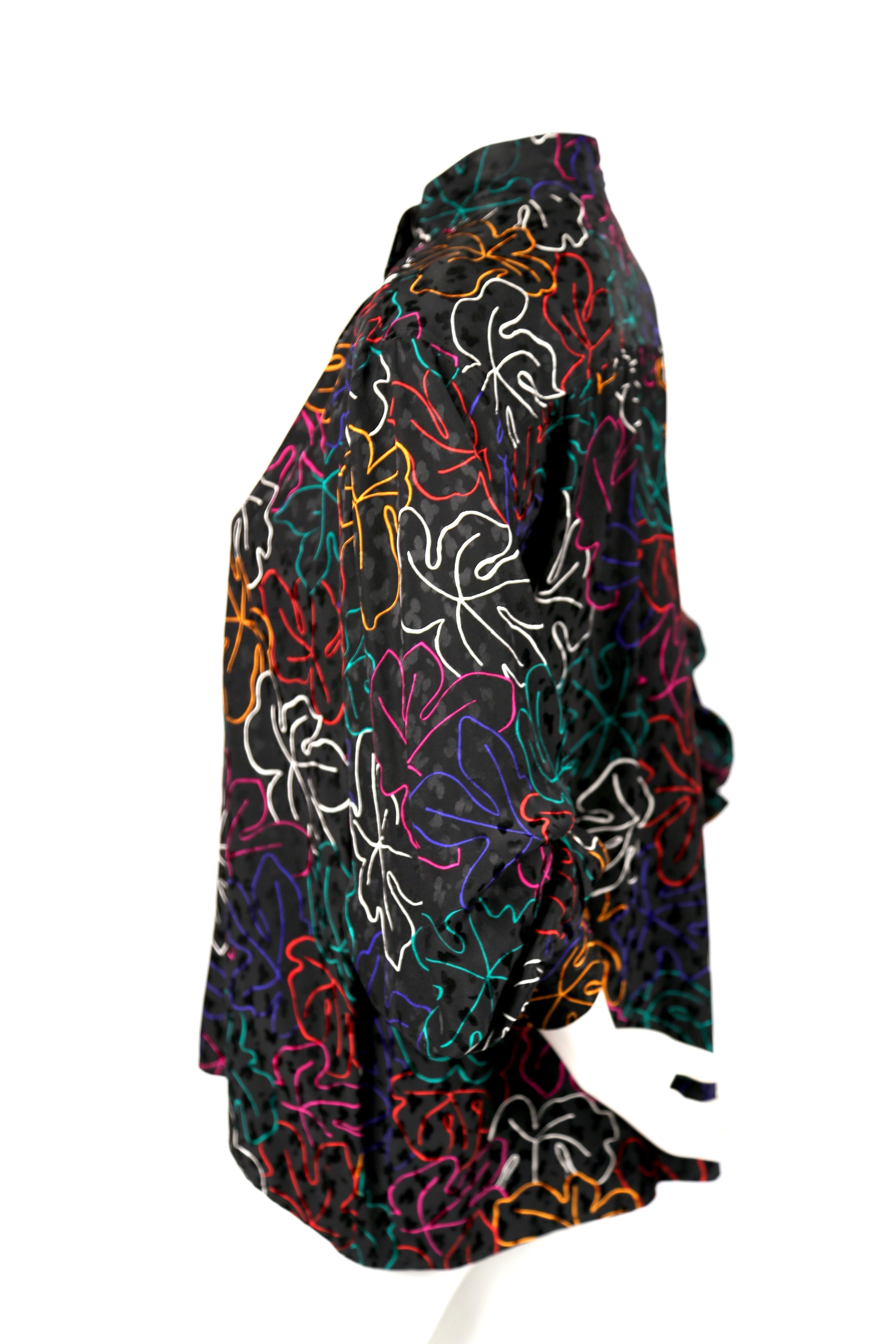 Black 1970's YVES SAINT LAURENT rive gauche silk top with vivid leaf motif For Sale