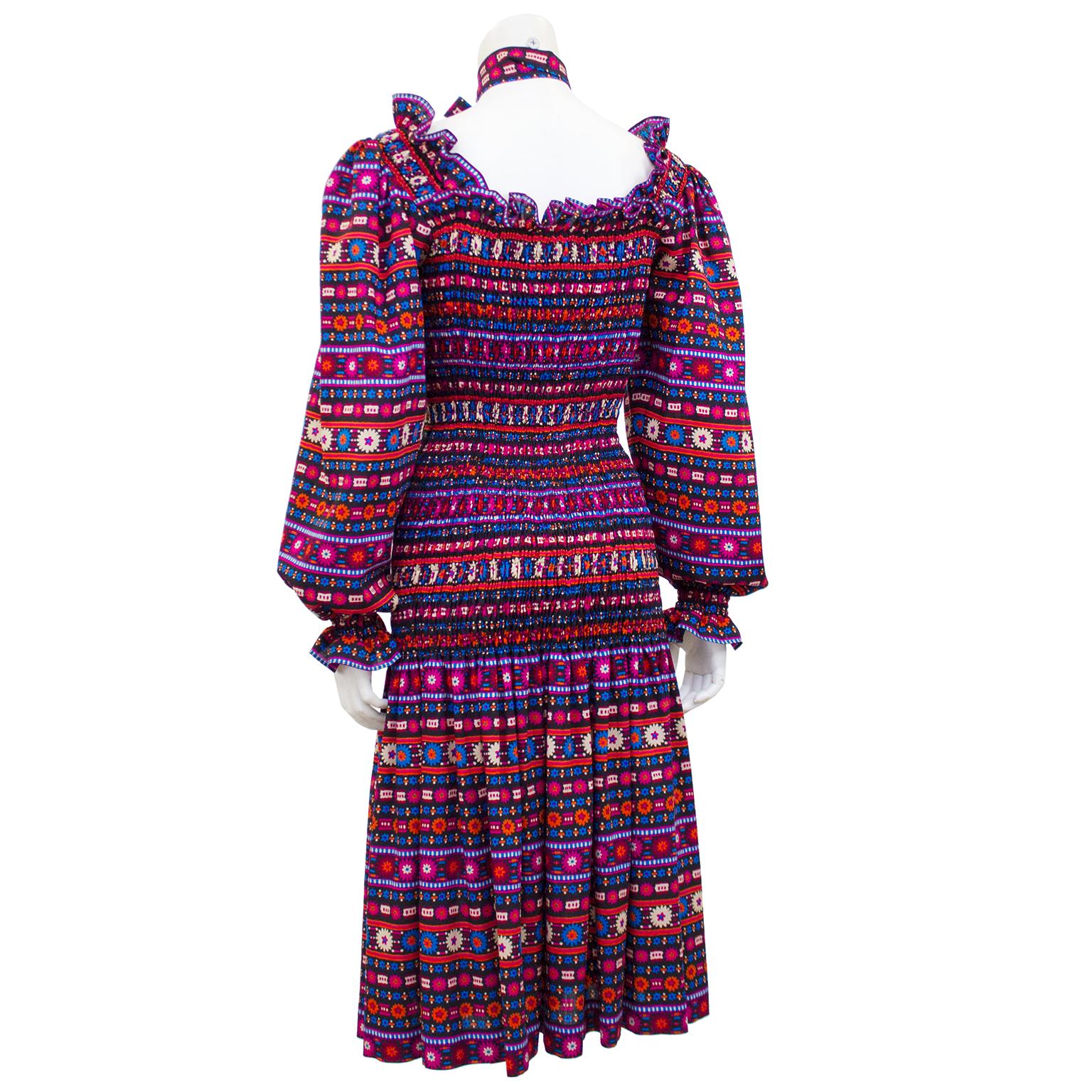 Purple 1970s Yves Saint Laurent Rive Gauche Smocked Drop Waist Dress
