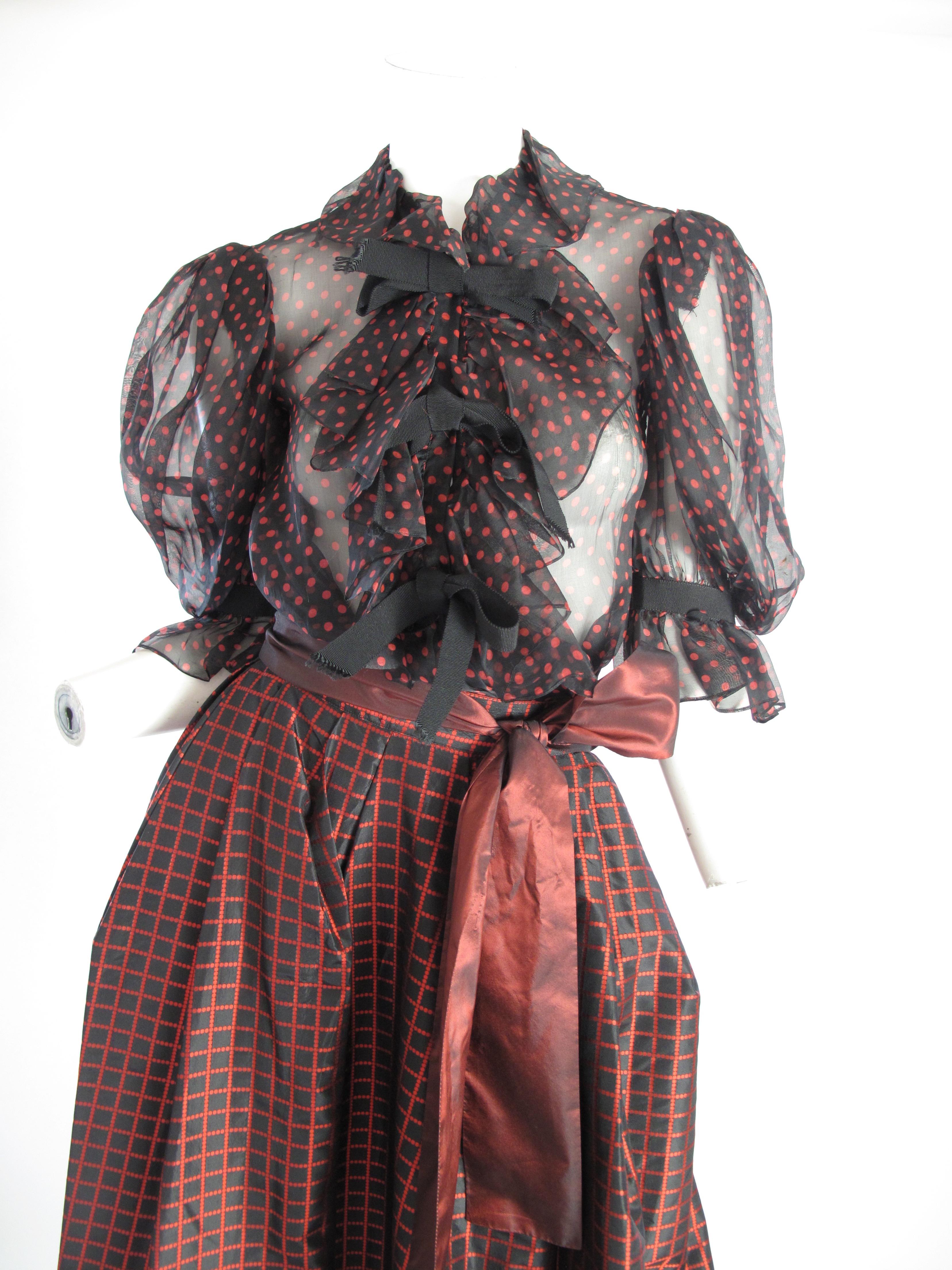 Women's 1980s Yves Saint Laurent Rive Gauche Taffeta Evening Skirt and Sheer Bow Blouse For Sale